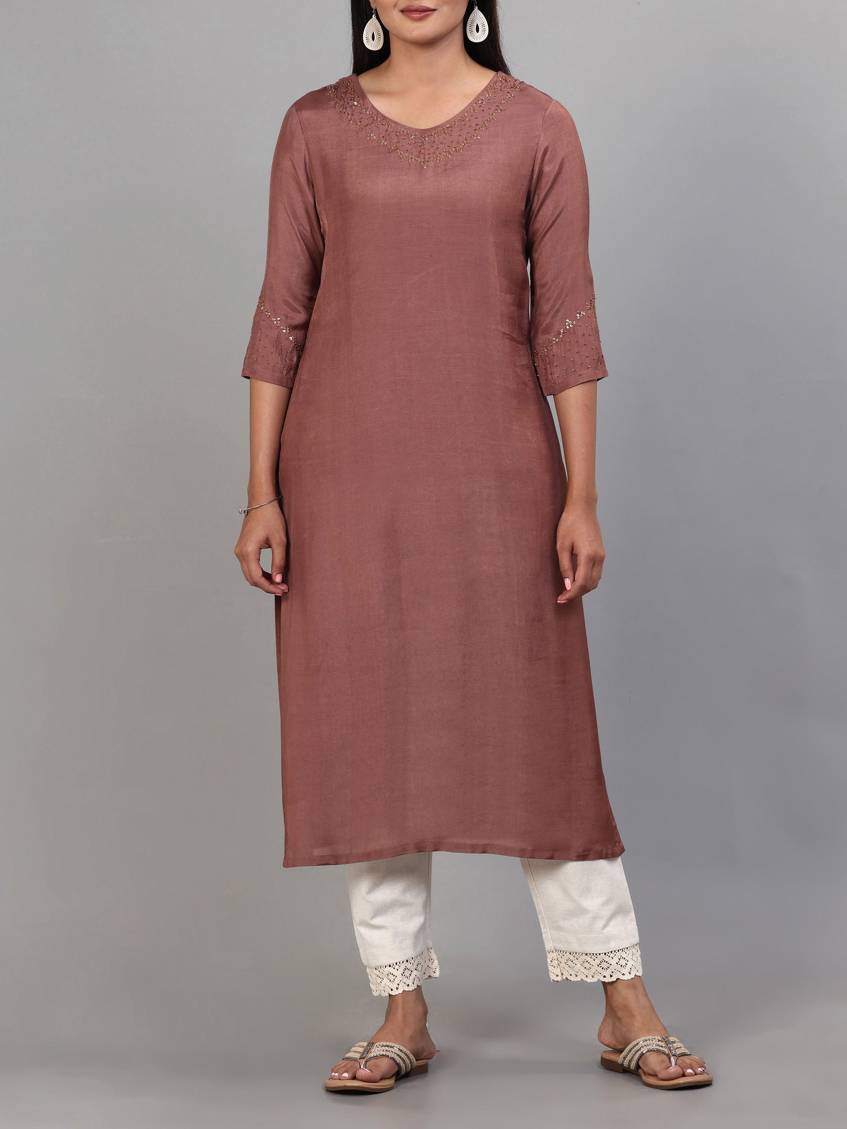 Coffee Brown Viscose Plain Kurti With Hand Work