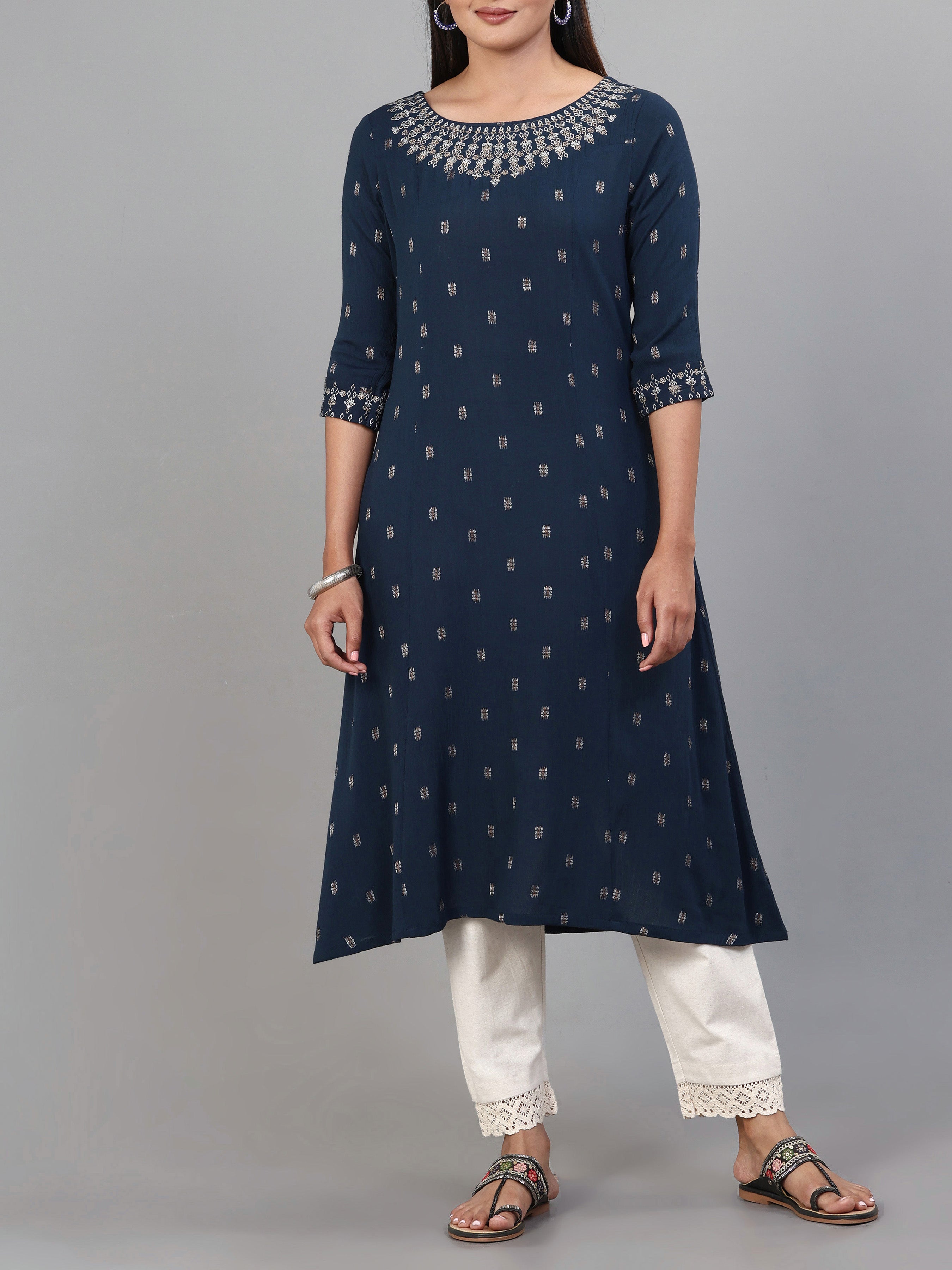 Navy Blue Wrinkle Viscose Kurti With Embroidery