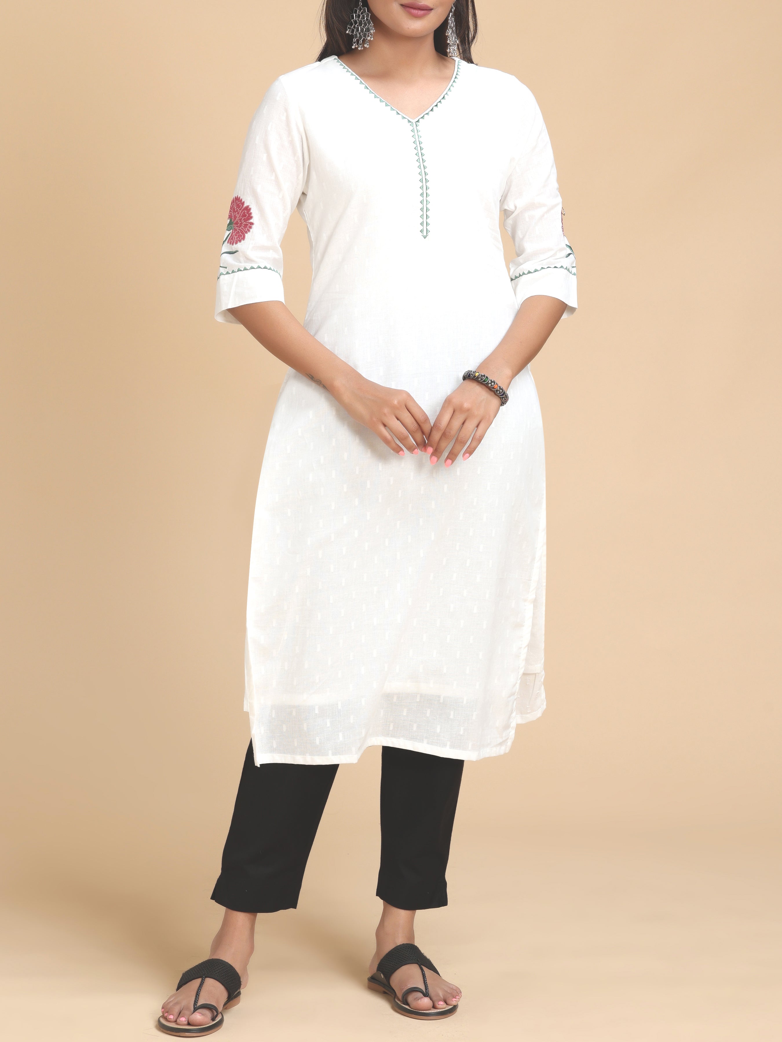 White Cotton Dobby Kurti With Embroidery