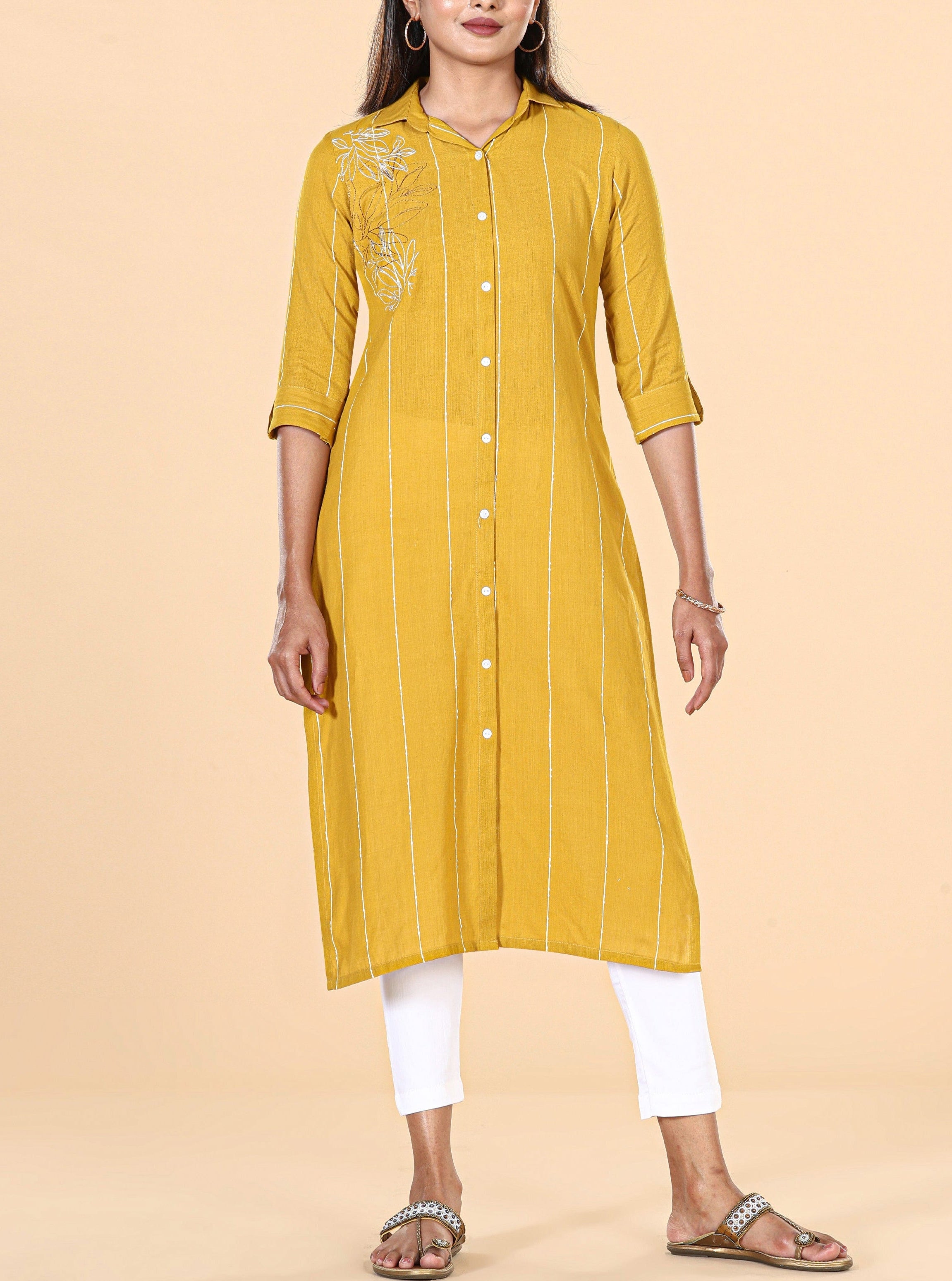 Mustard Yellow Cotton Dobby Kurti With Shirt Collar