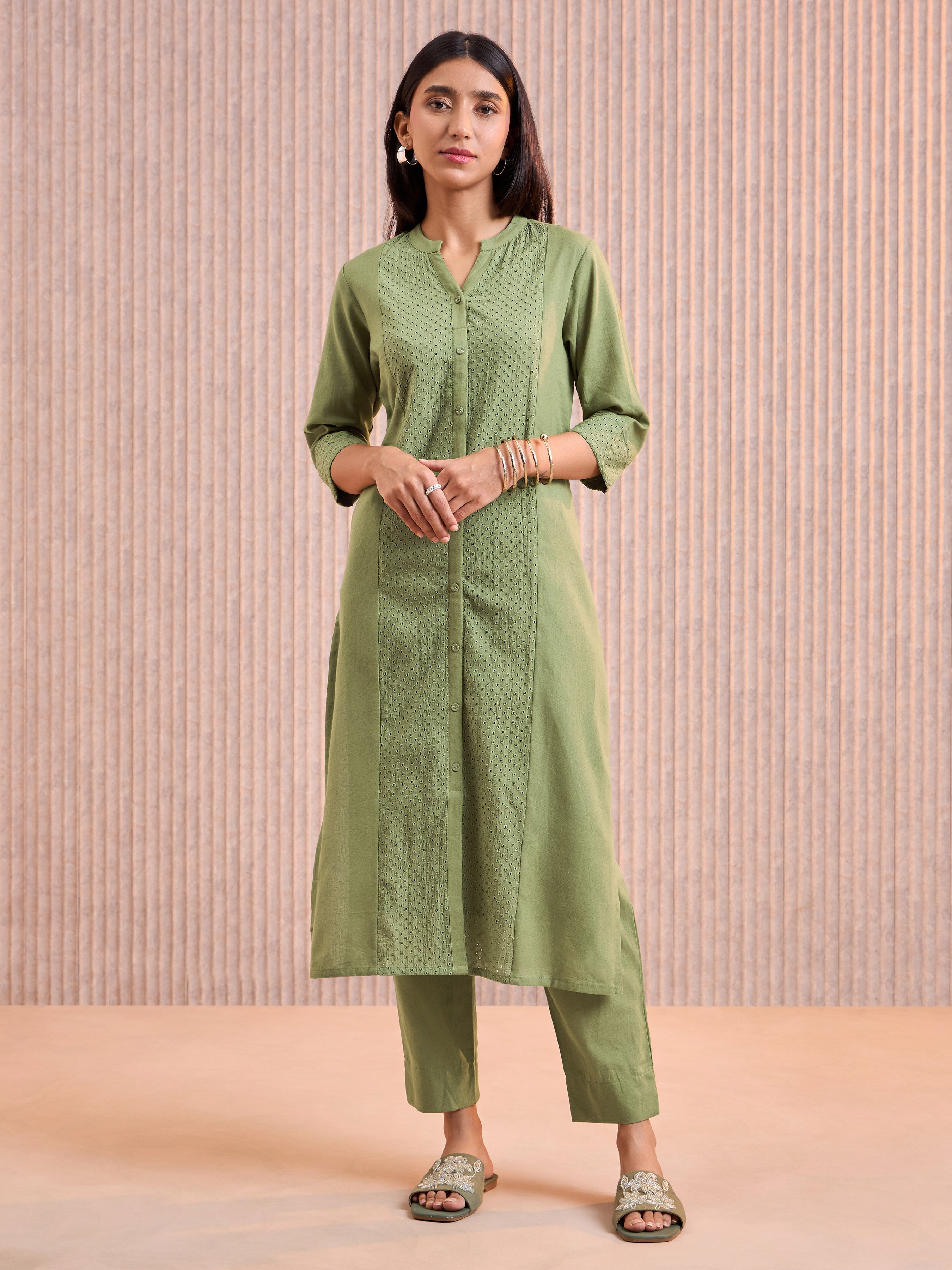 Olive Green Cotton Flax Kurti & Bottom With Lace