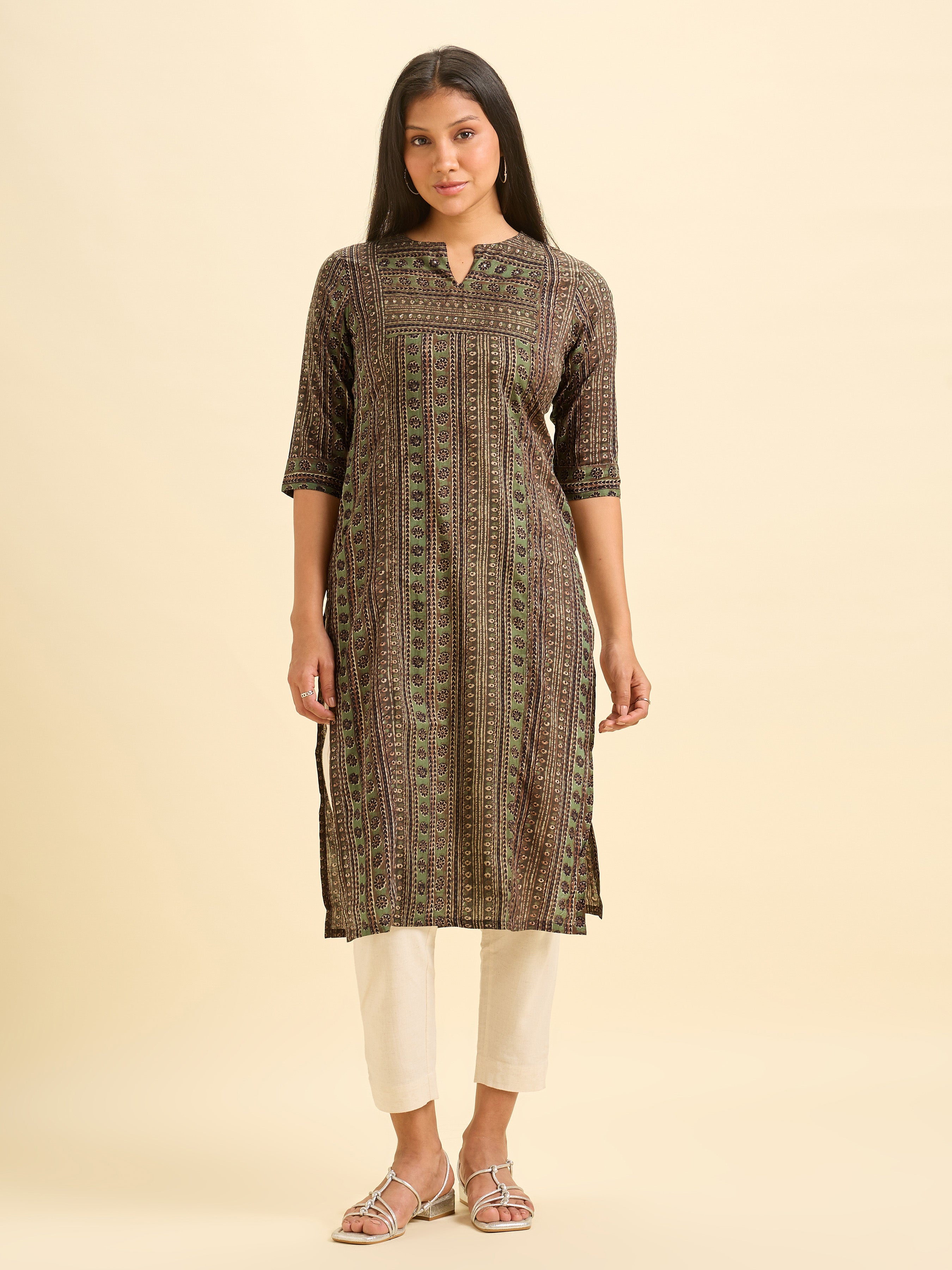 Olive Green Pure Cotton Printed Slit Kurti With Sequins Work