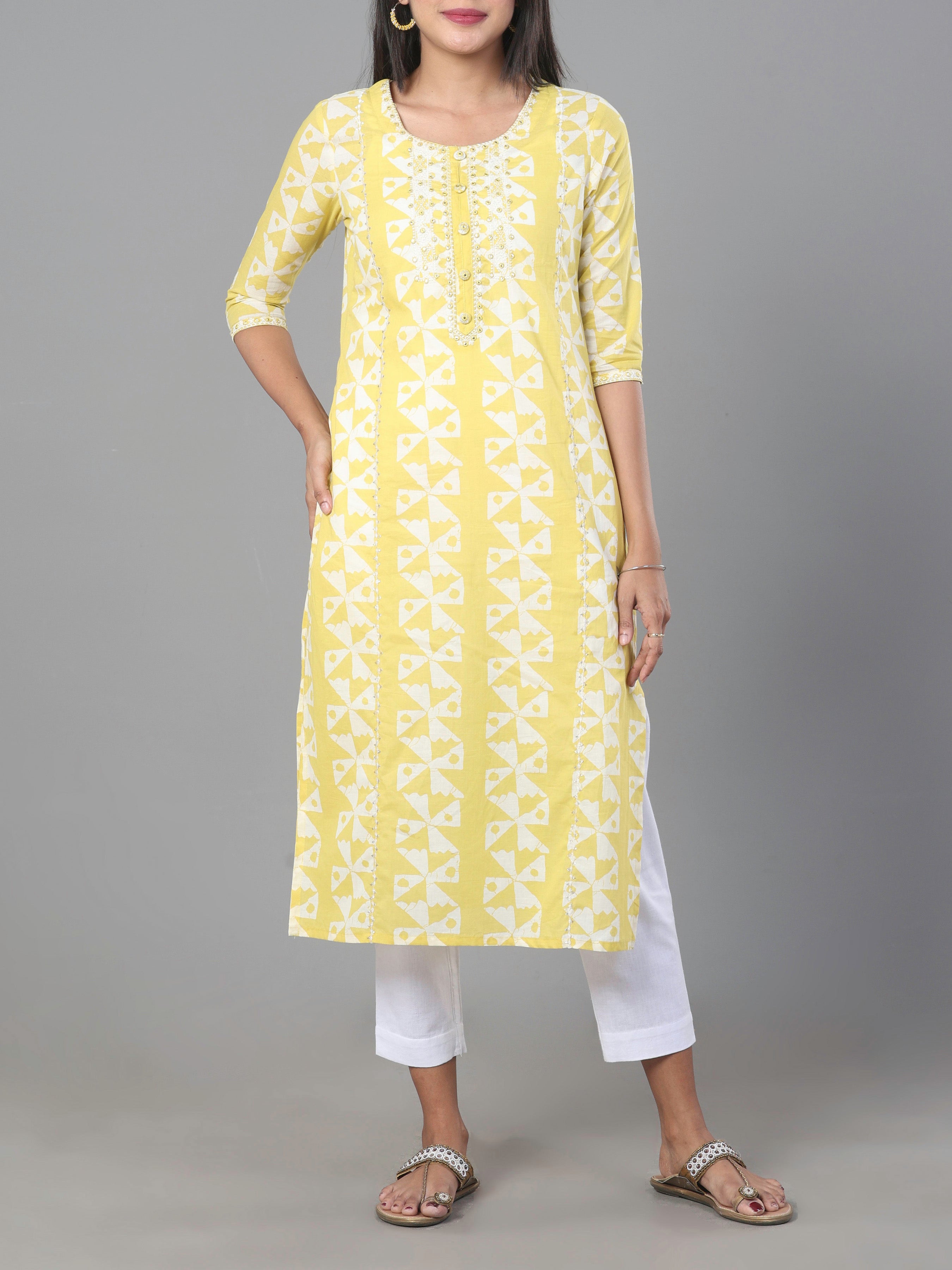 Pale Yellow Pure Cotton Kurti With Embroidery