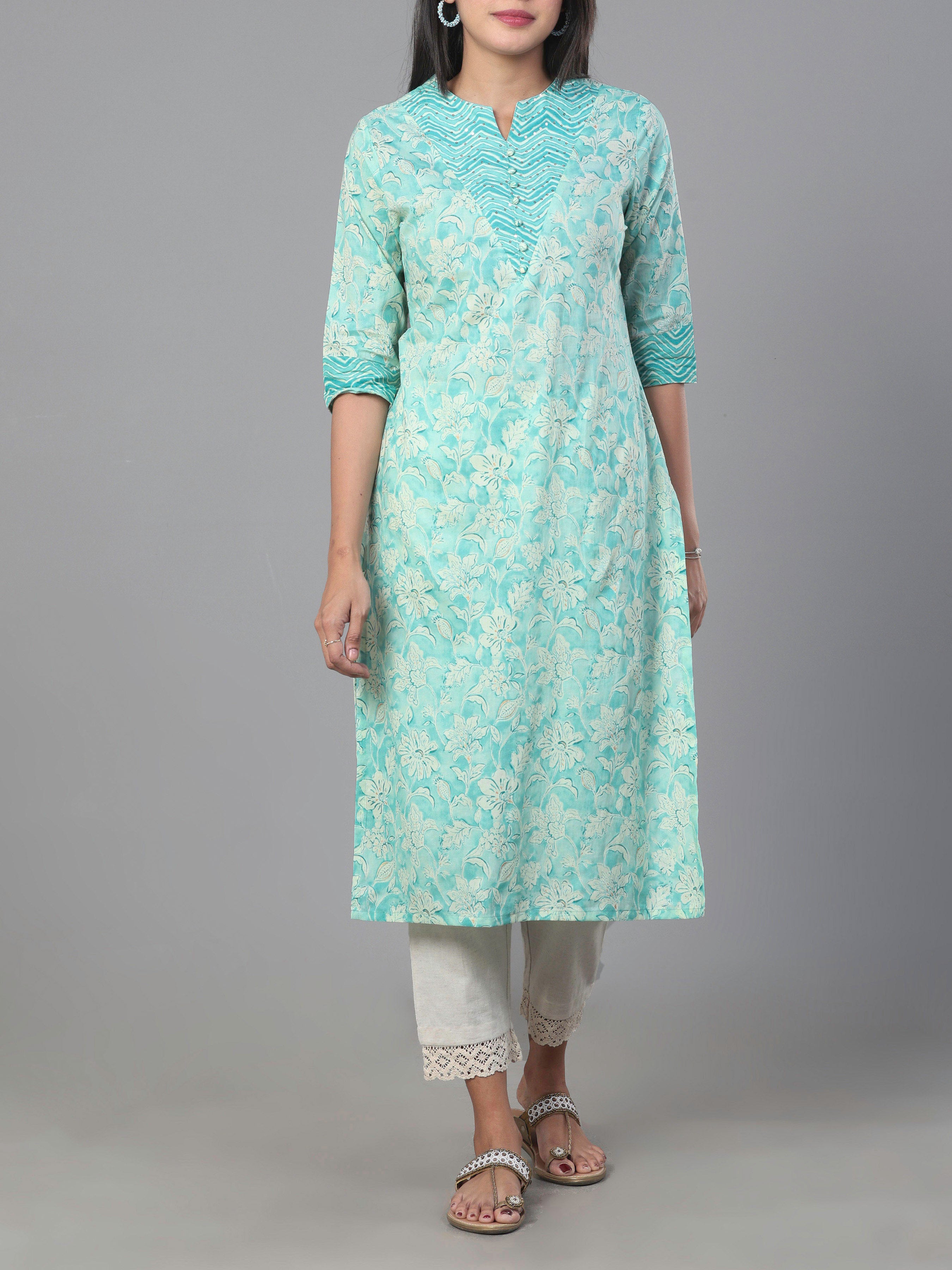 Aqua Blue Pure Cotton Printed Kurti With Embroidery