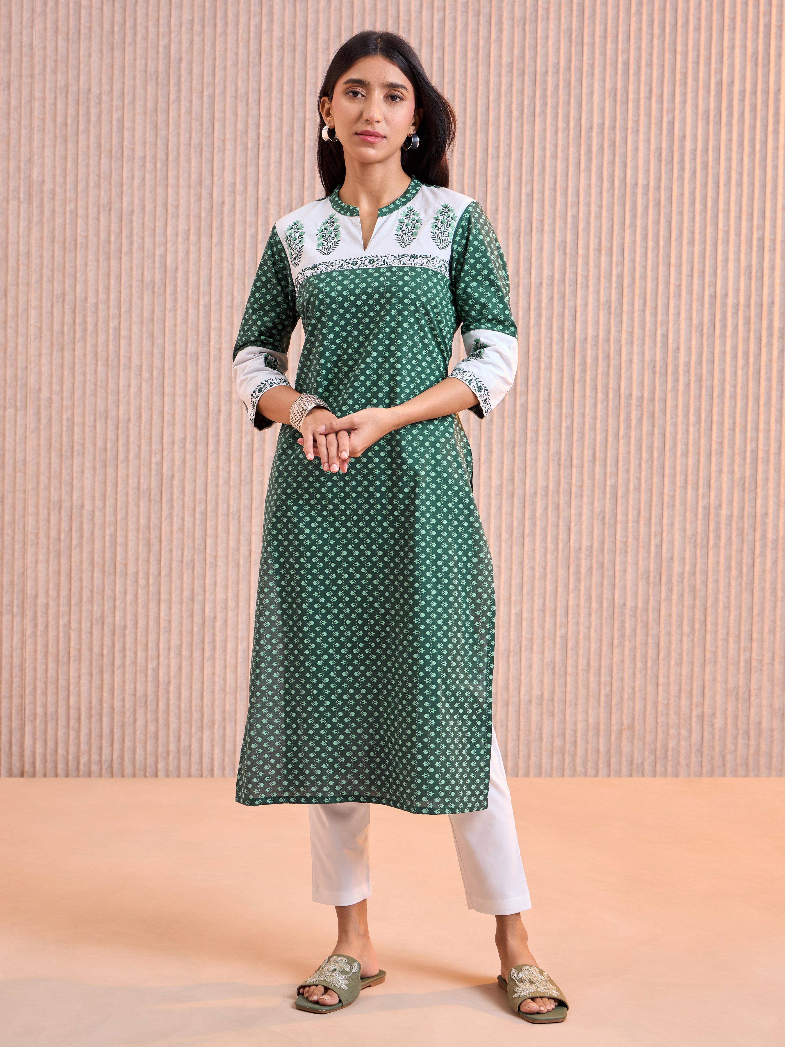 Green And White Pure Cotton Printed Kurti With Embroidery