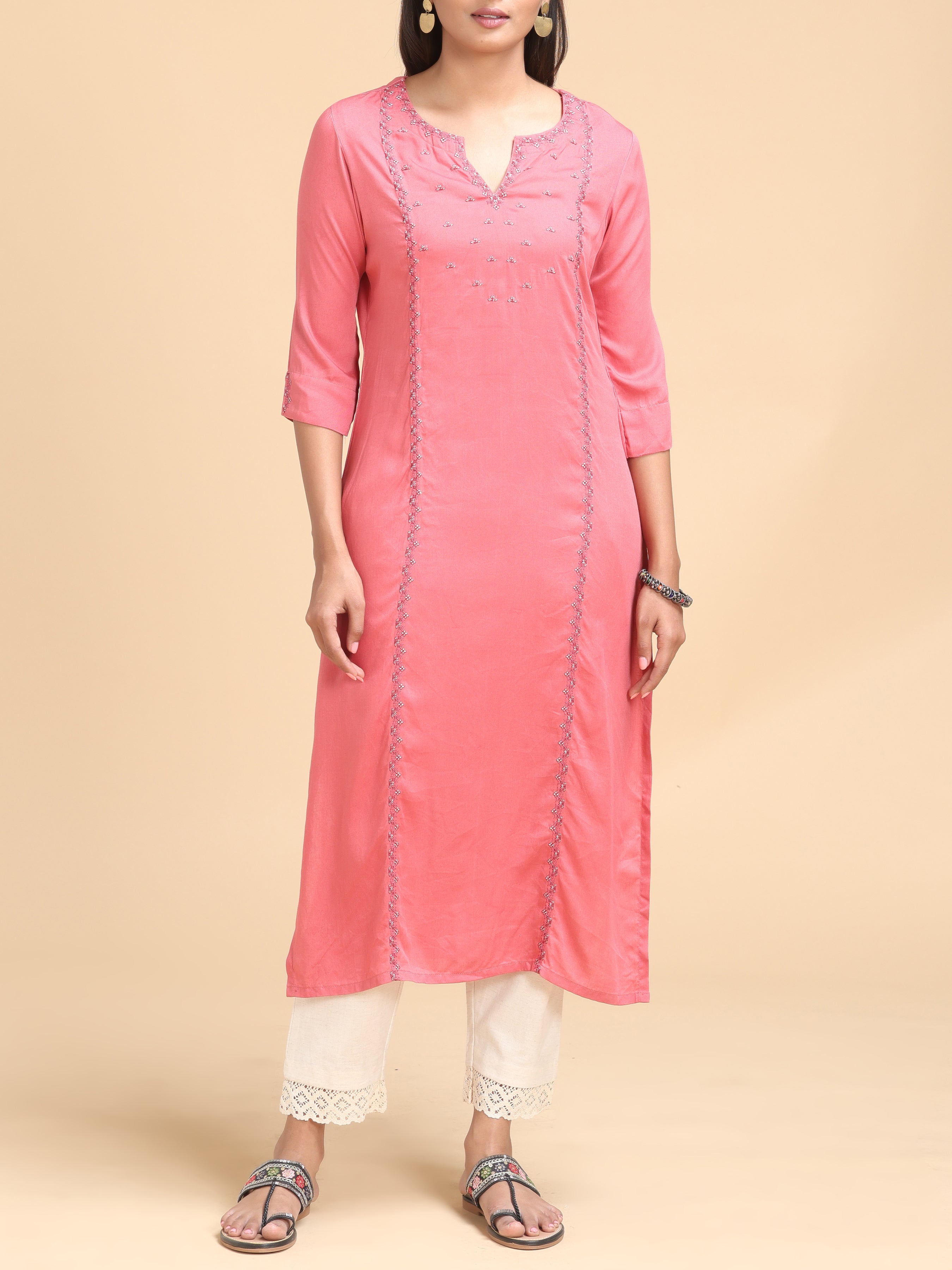 Light Pink Viscose Kurti With Embroidery