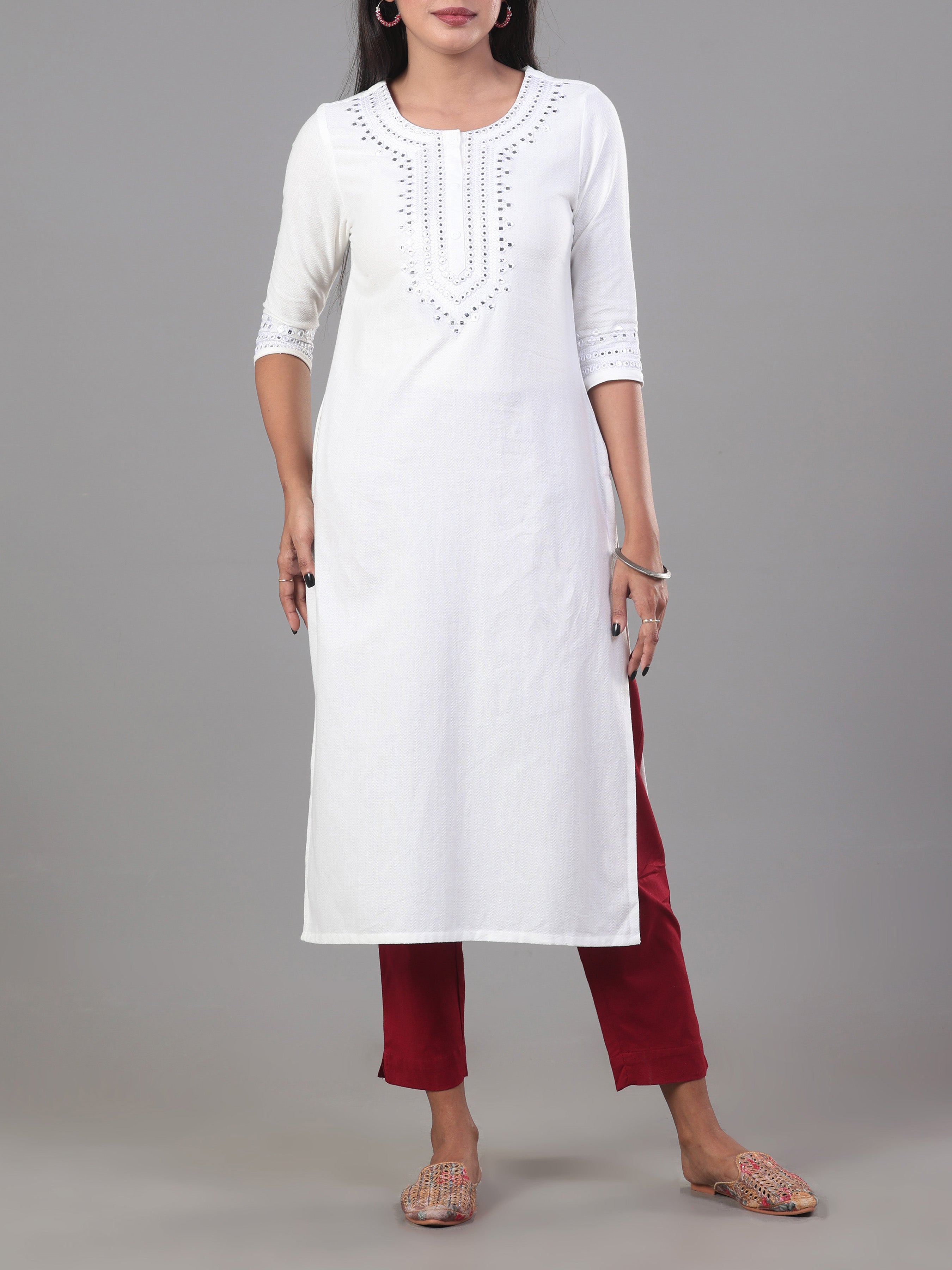 White Cotton Jacquard Kurti With Embroidery