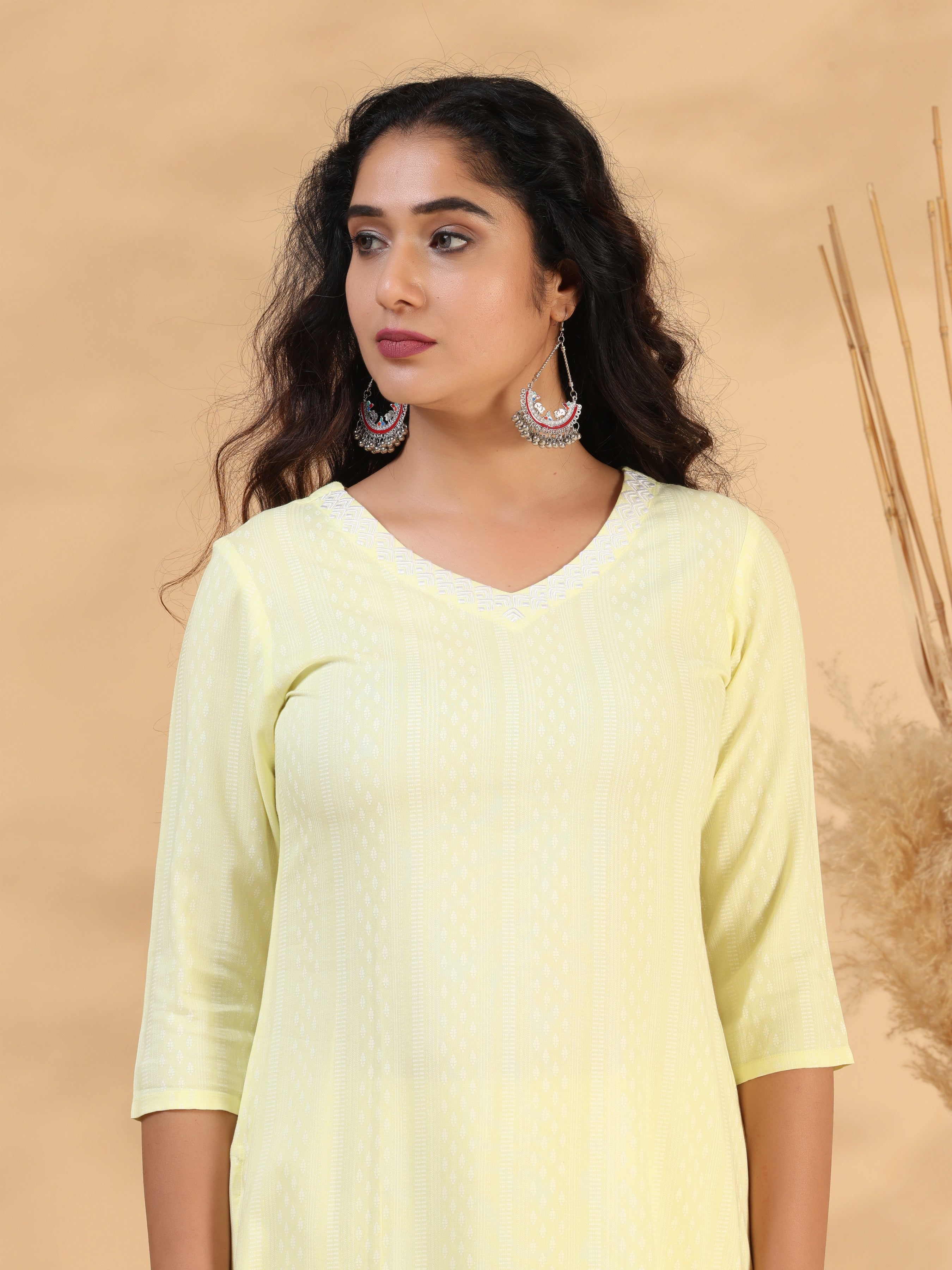 Lemon Yellow Rayon Kurti With Embroidery