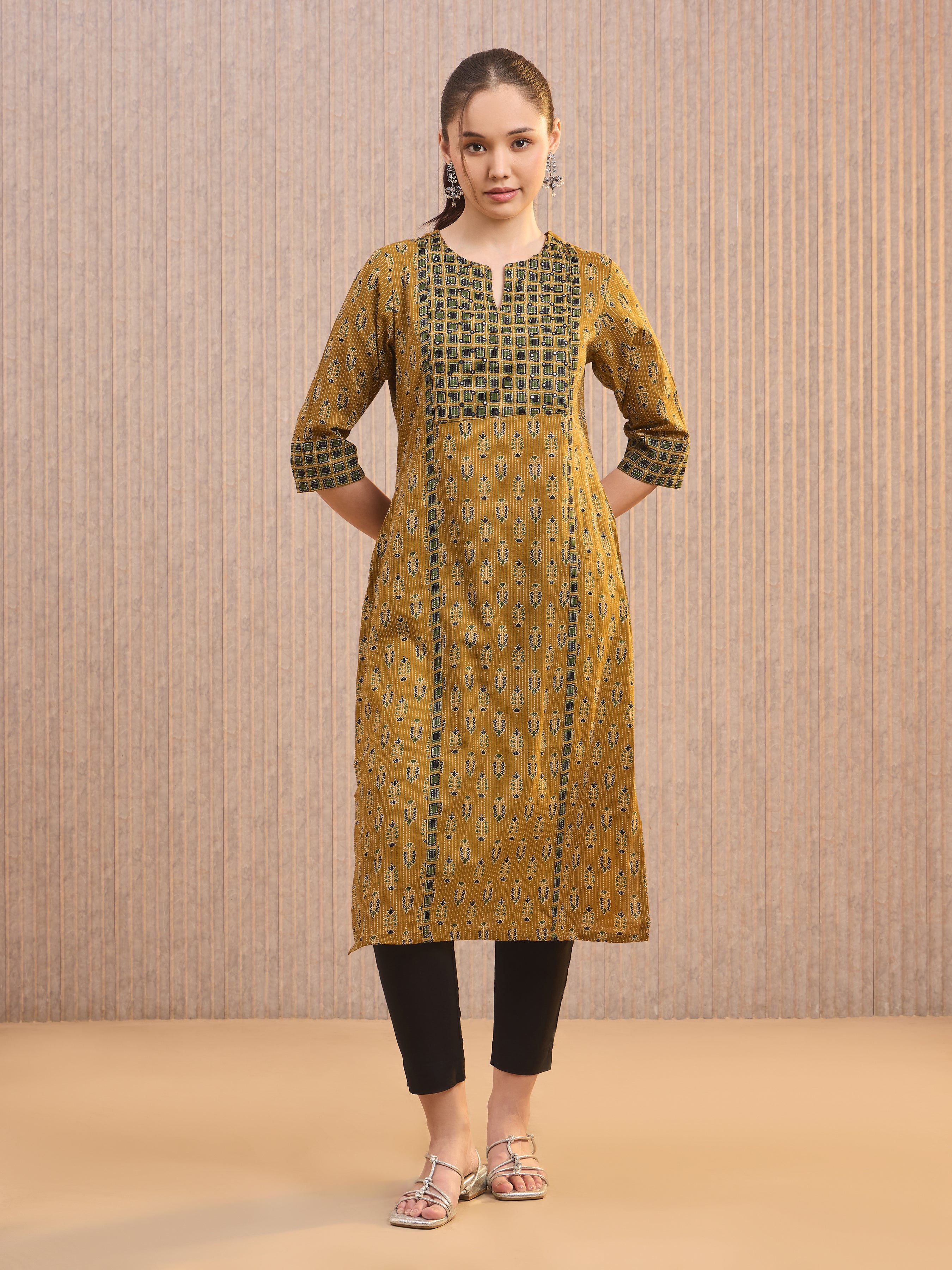 Mustard Yellow Cotton Katha Printed Kurti With Mirror Work Embroidery