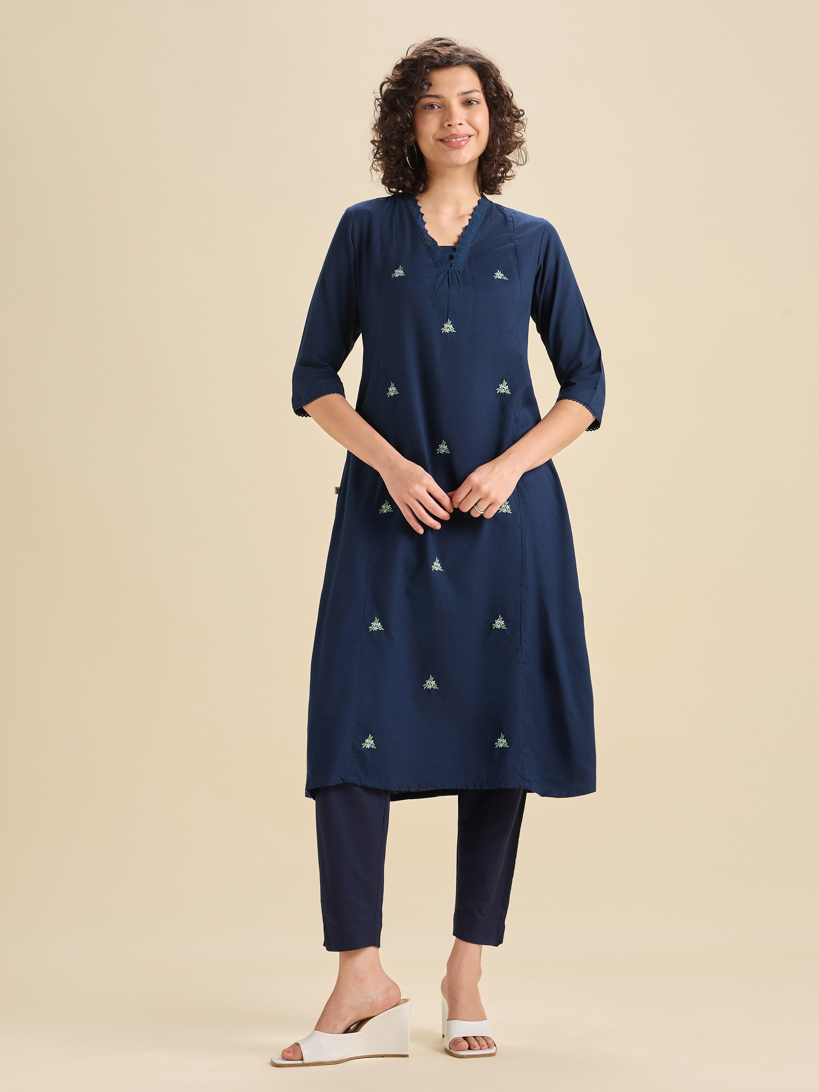 Navy Blue Cotton Viscose Flared Kurti With Lace And Embroidery
