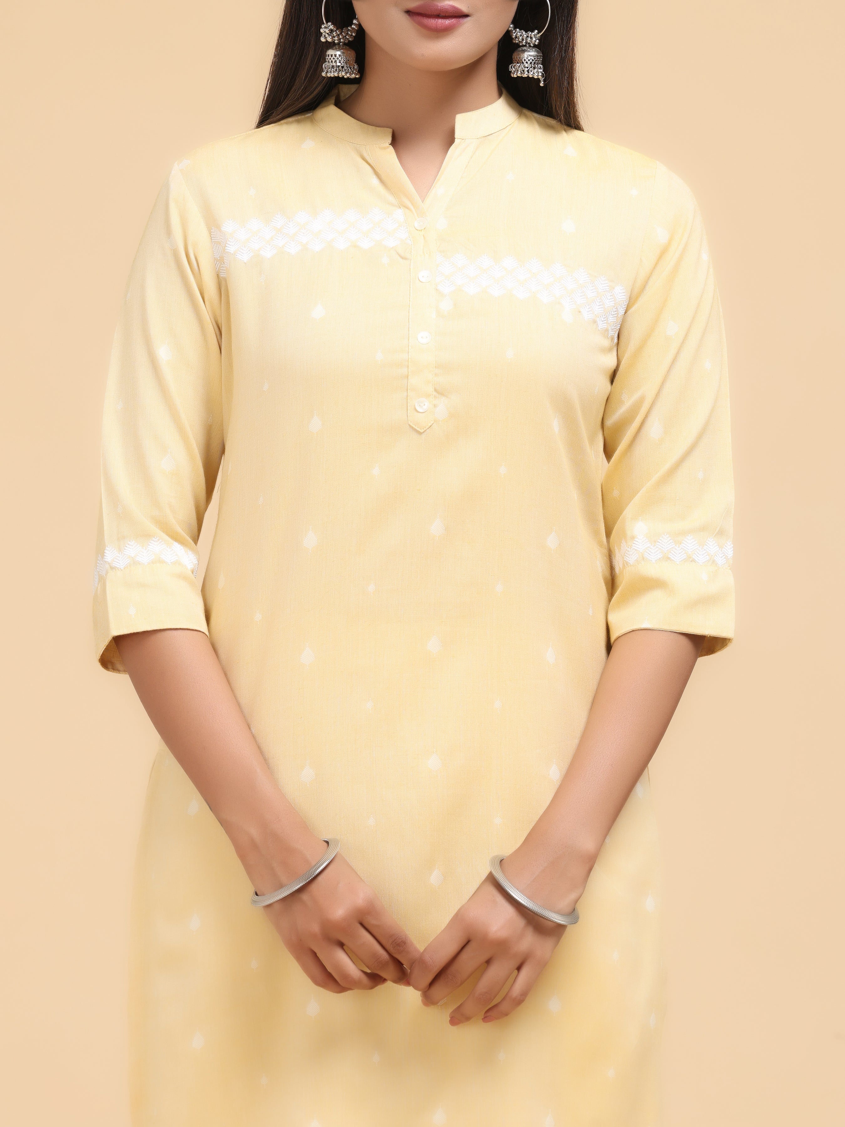Lemon Yellow Pure Cotton Kurti With Embroidery