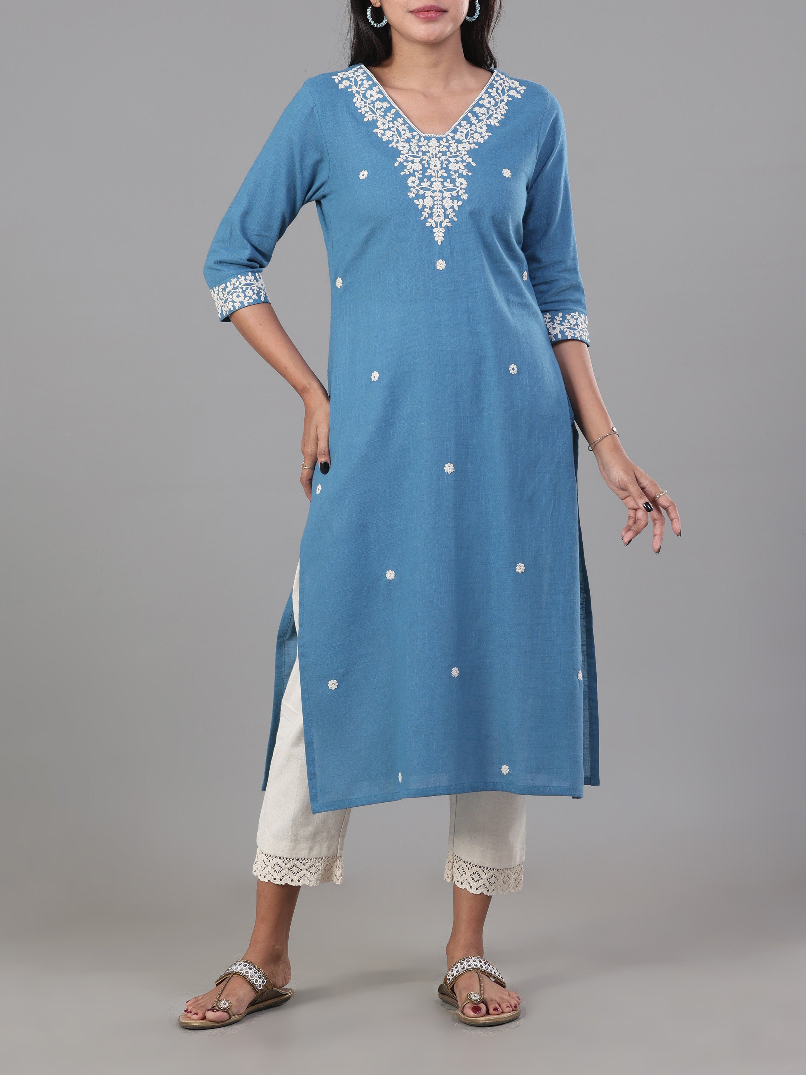 Light Blue Cotton Slub Kurti With Embroidery
