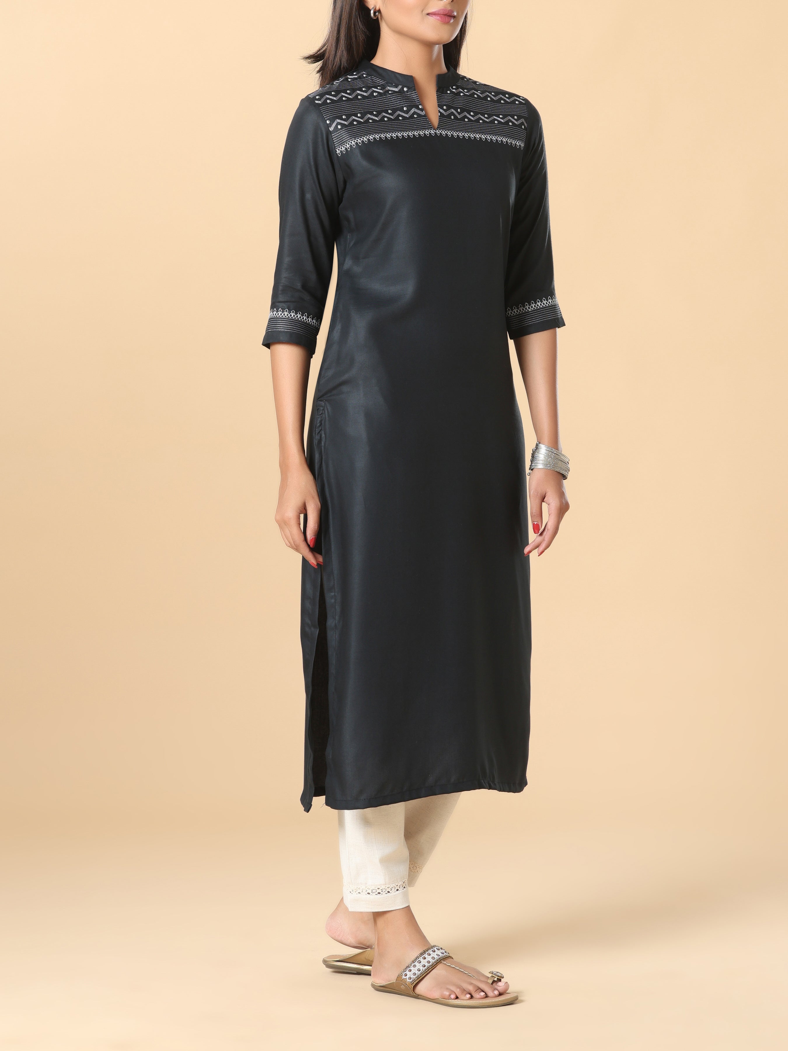 Black Viscose Plain Kurti With Embroidery