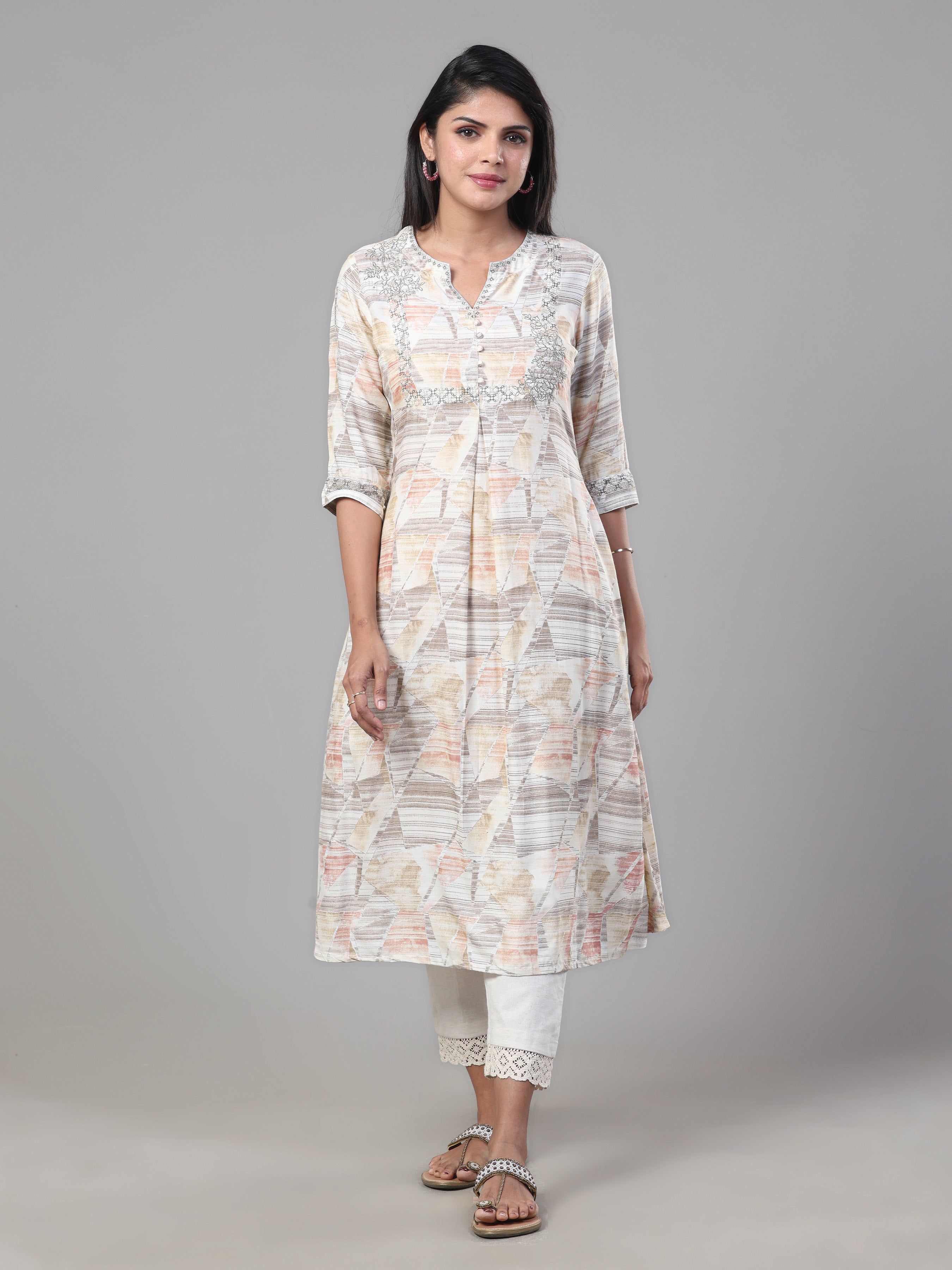 Ivory And Grey Modal Silk Printed Kurti With Embroidery