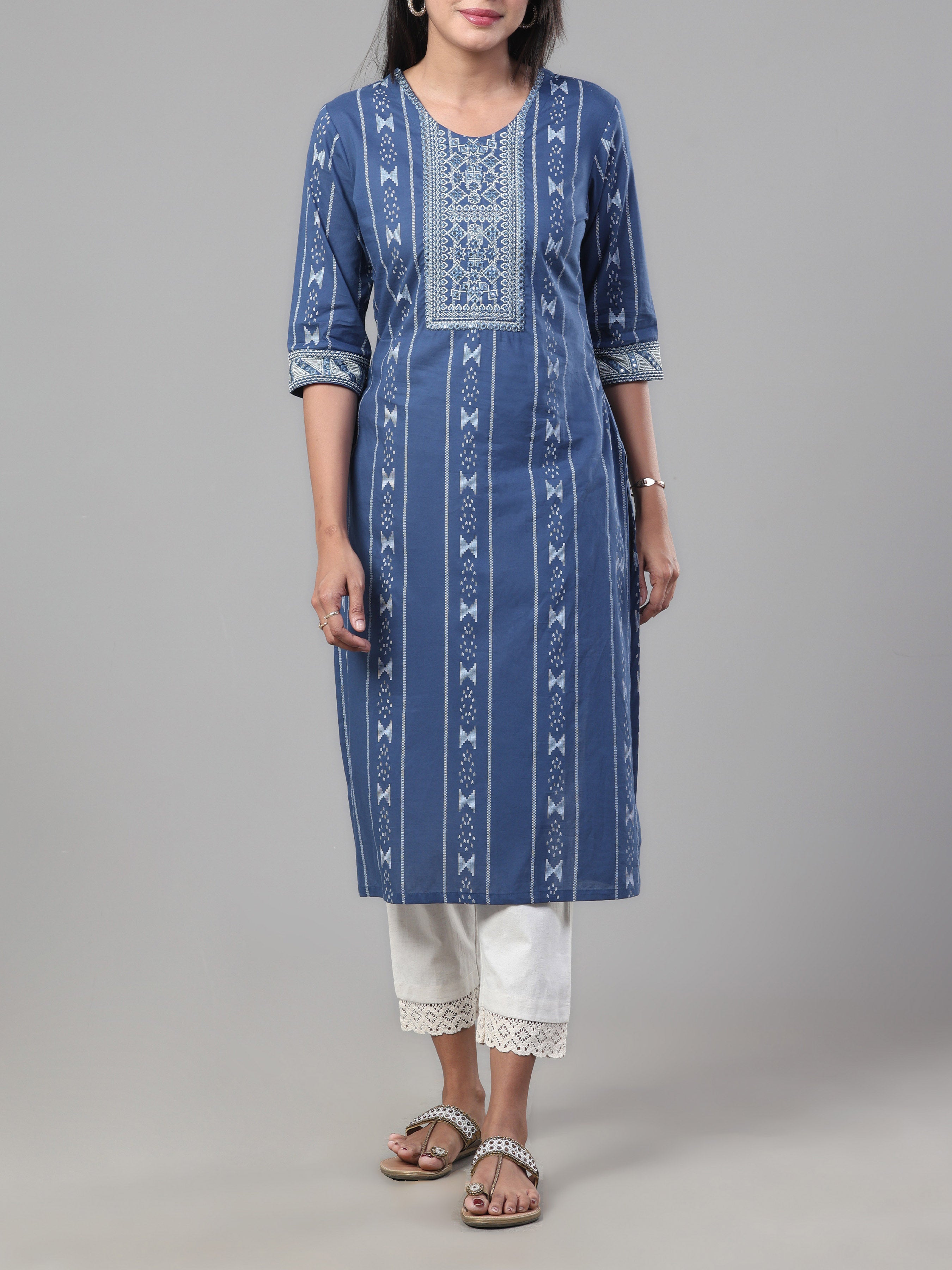 Denim Blue Pure Cotton Printed Kurti With Embroidery And Sequins Work