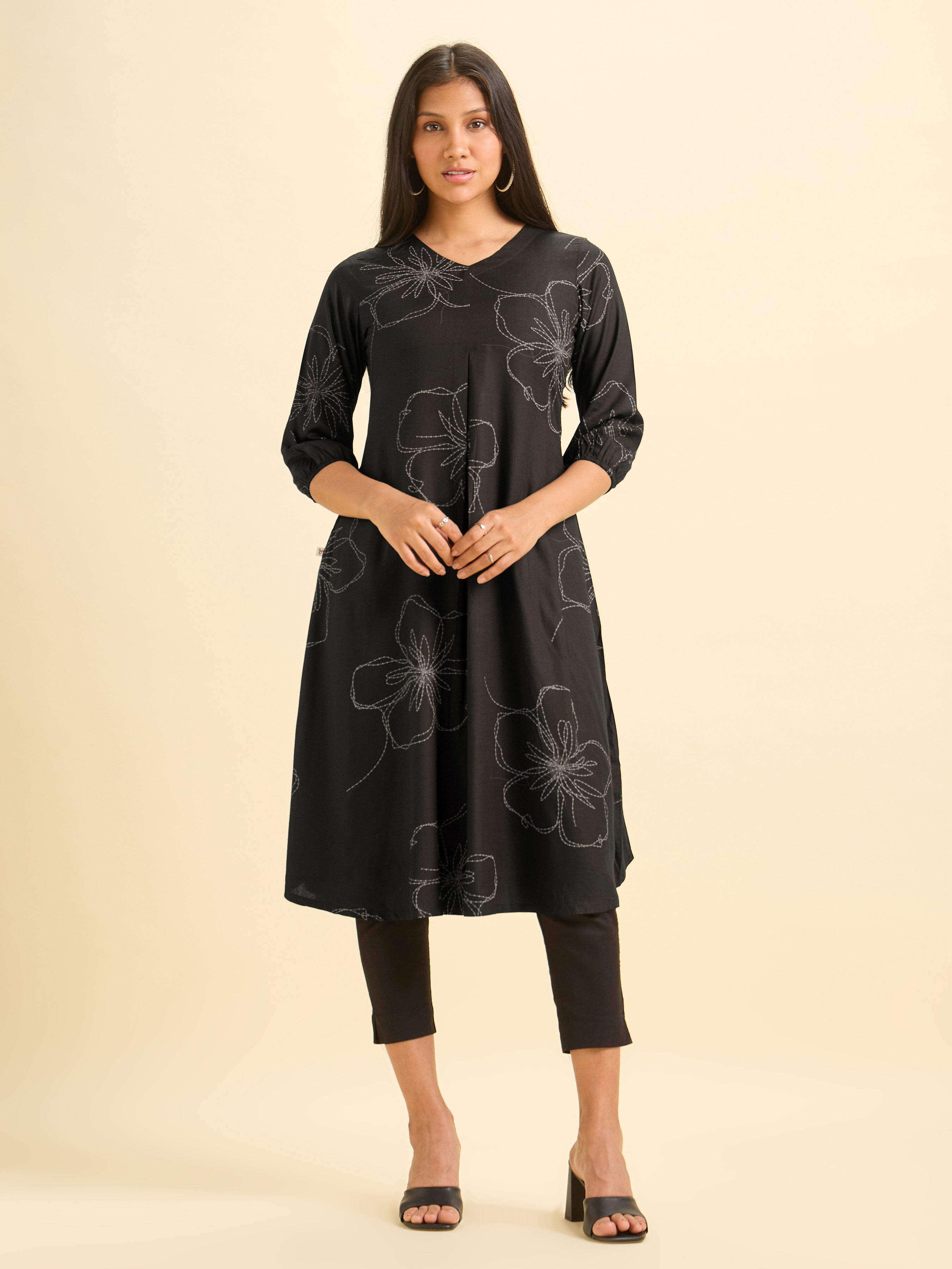 Black And White Tencel Printed Flared Kurti With Box Plaet