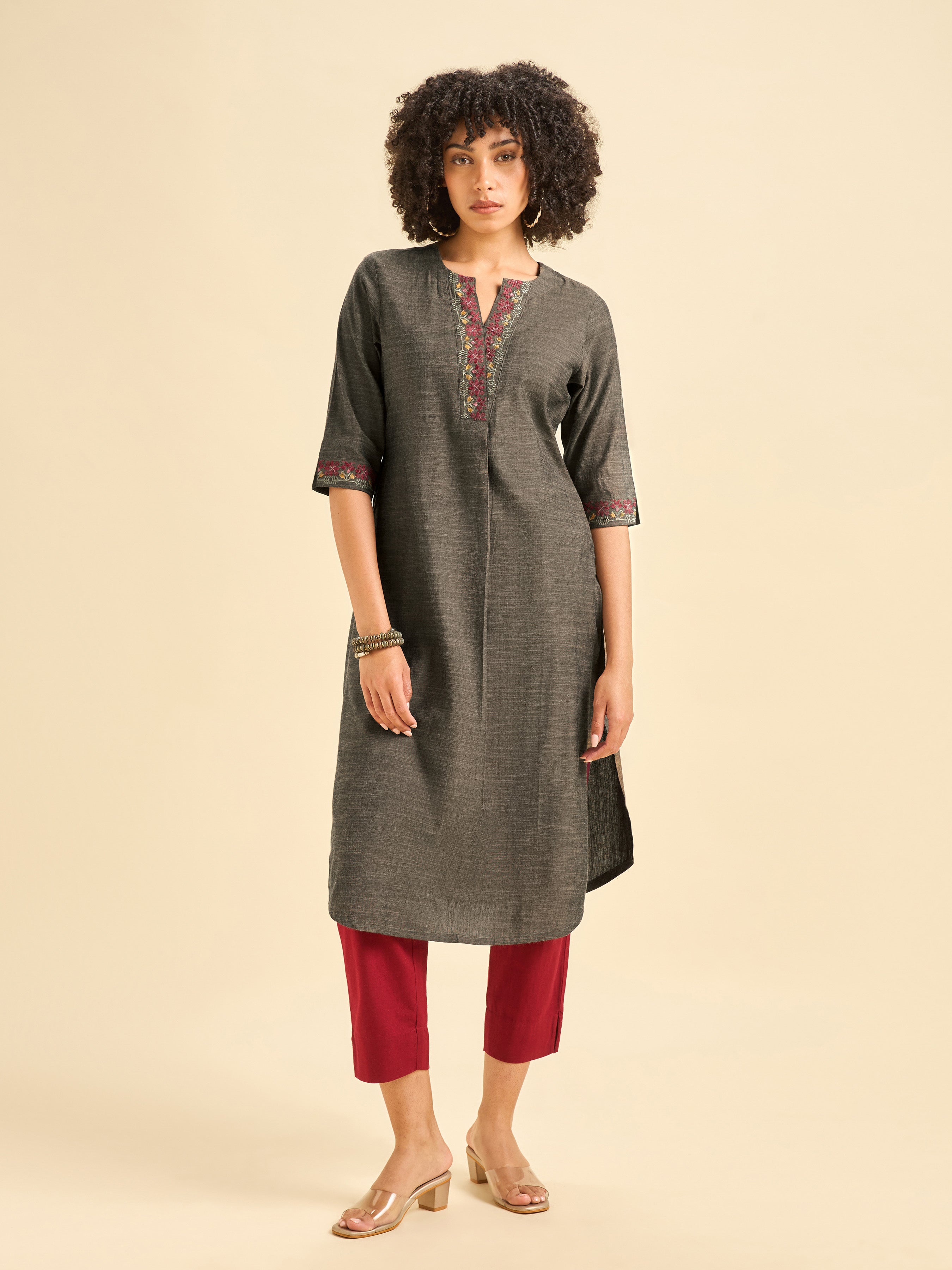 Dark Grey Cotton Viscose Kurti With Cross Stitch Embroidery