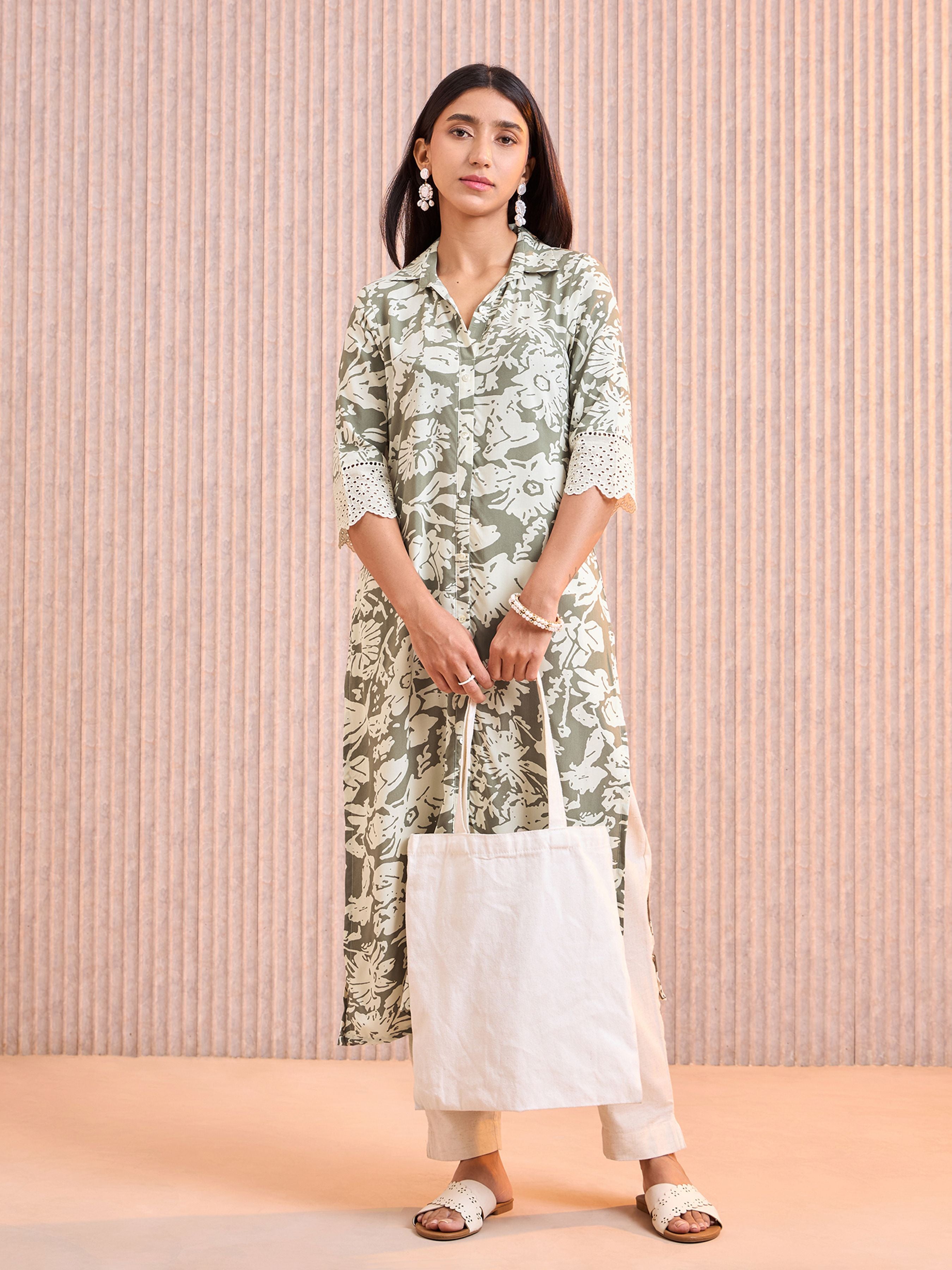 Olive Green Viscose Printed Kurti With Lace