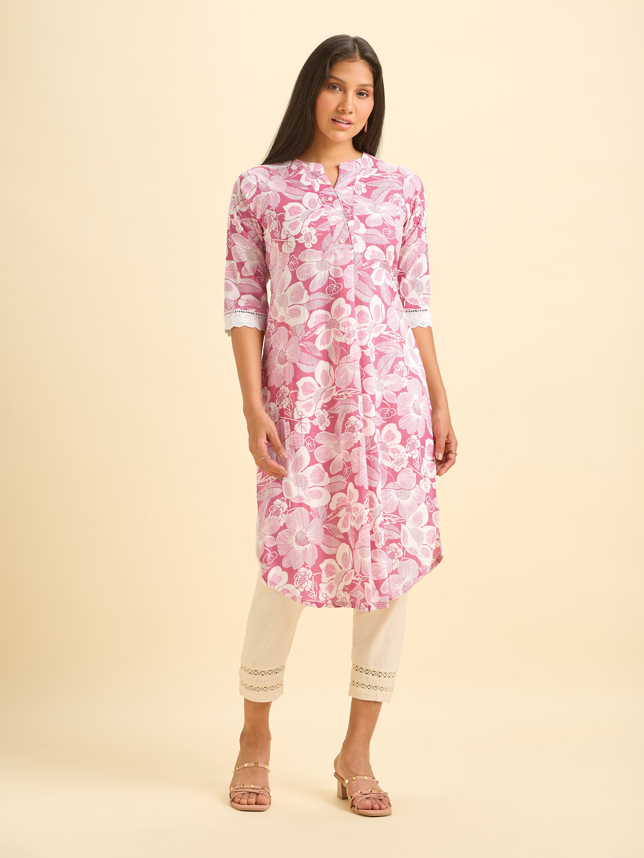 Pink Cotton Printed Kurti With Lace And Running Stitch Embroidery