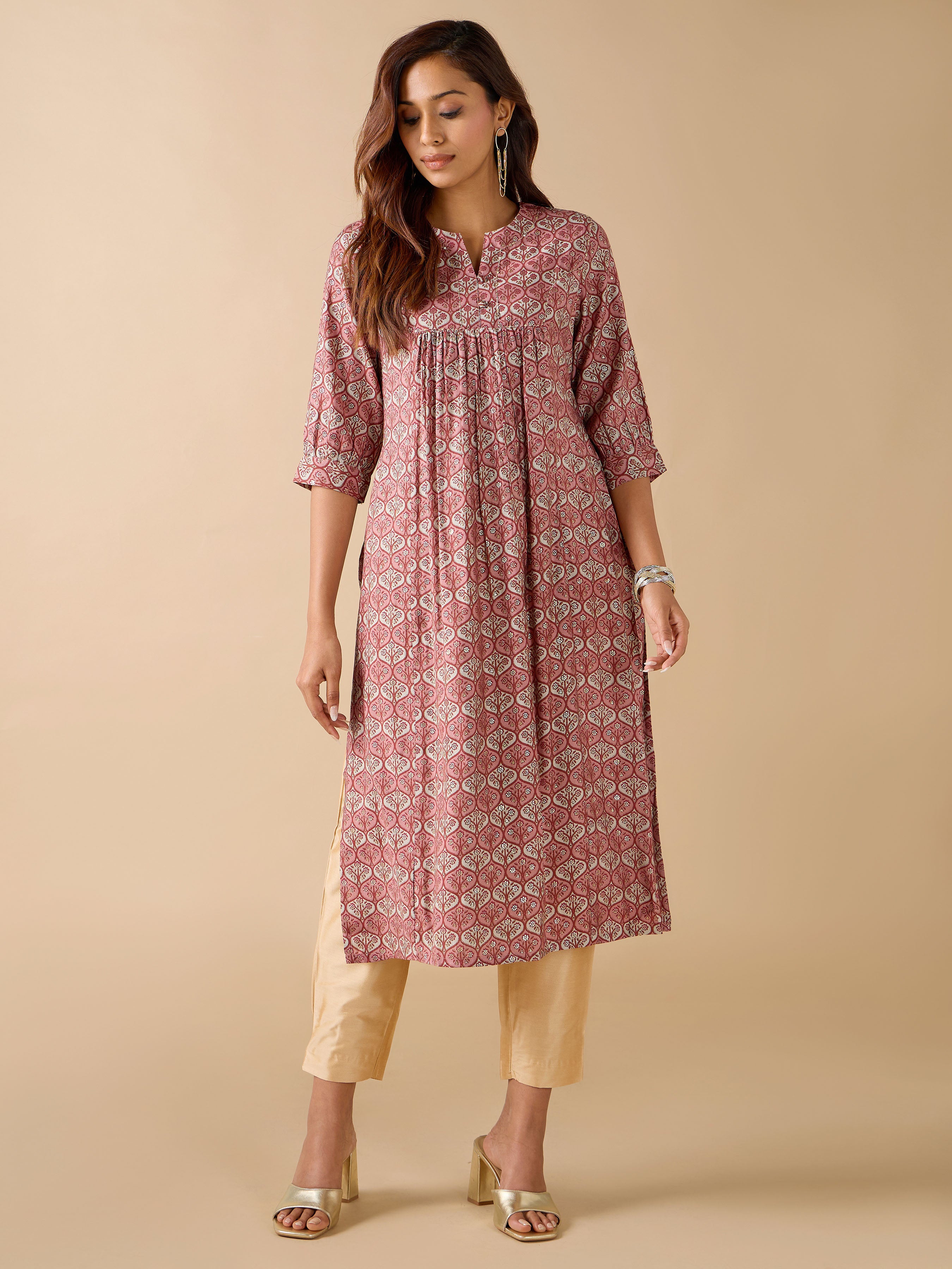 Maroon Modal Chanderi Foil Printed Kurti With Sequins Work
