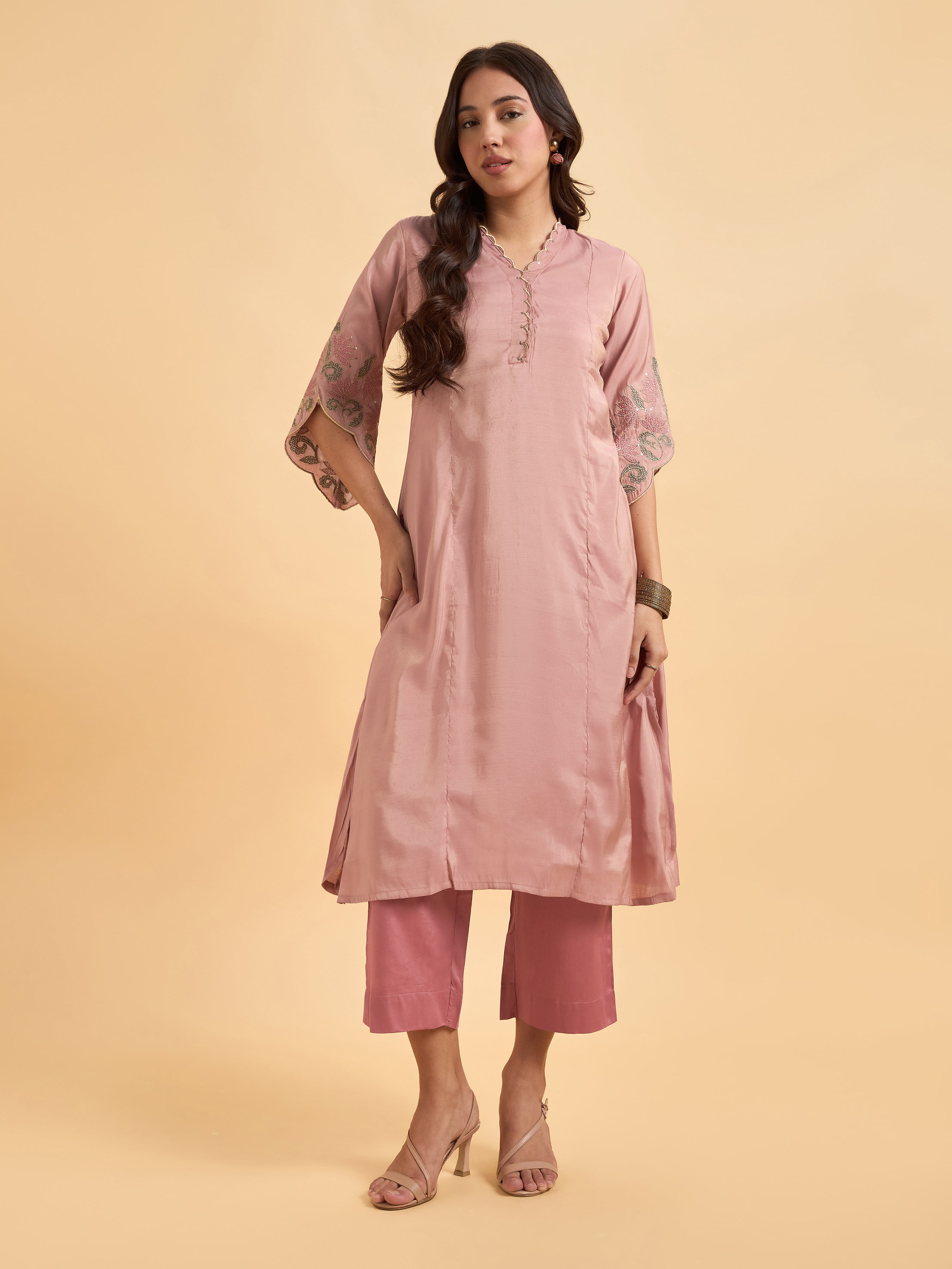 Blush Pink Viscose Shimmer Plain Kurti Set With Sequins Embroidery