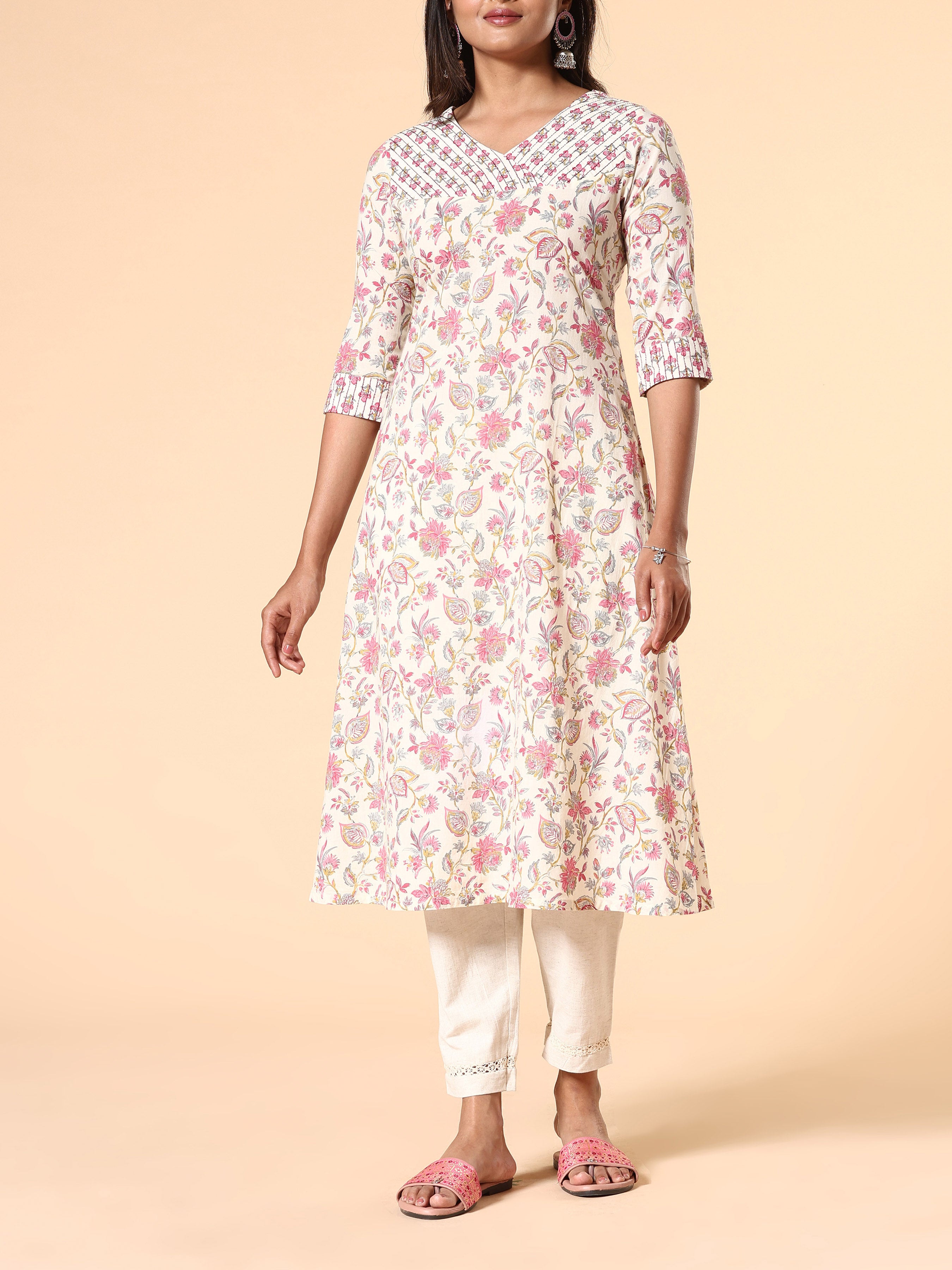 Pink Pure Cotton Printed Kurti With Embroidery