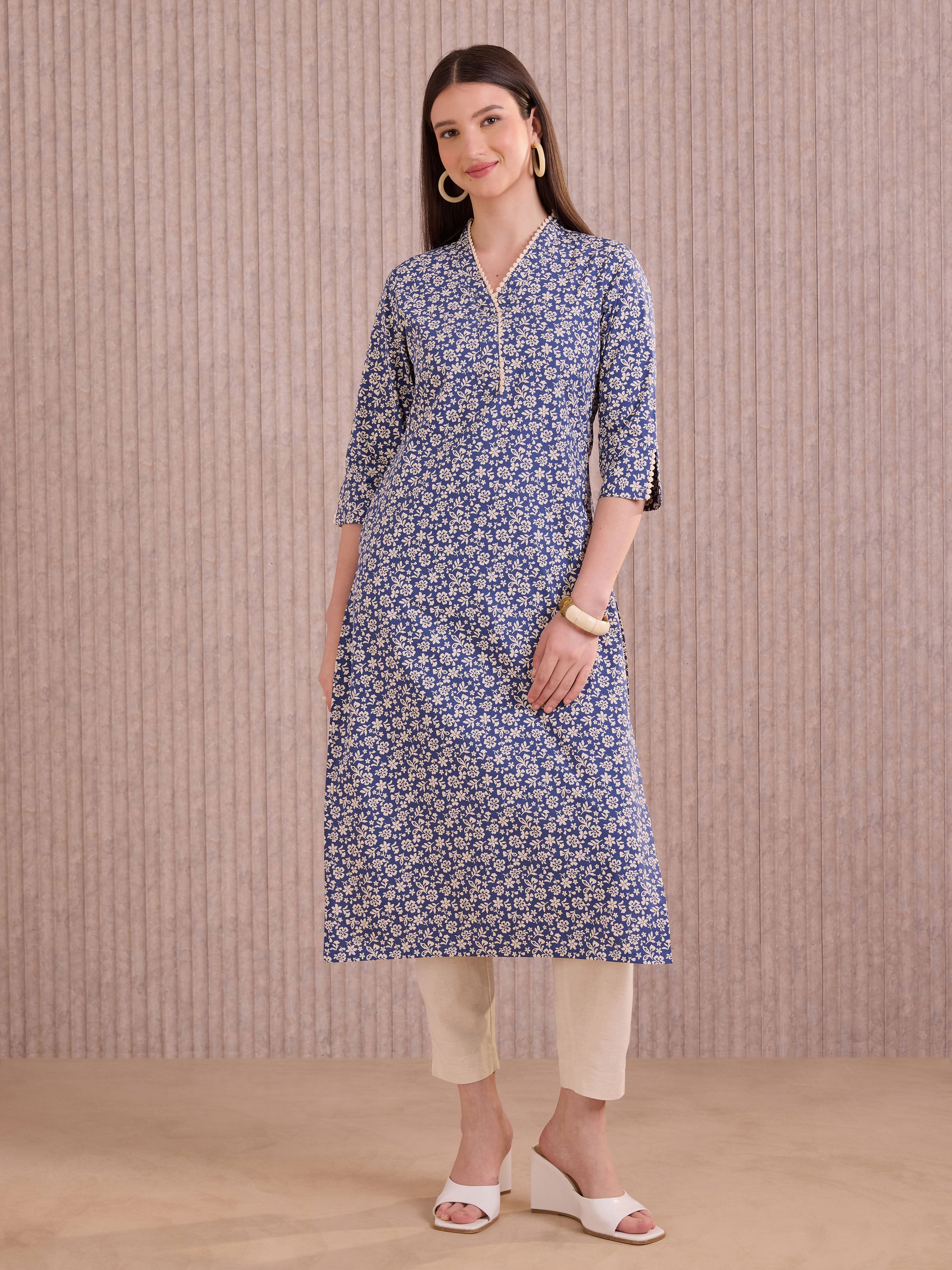 Blue Colour Pure Cotton Printed Kurti With Lace