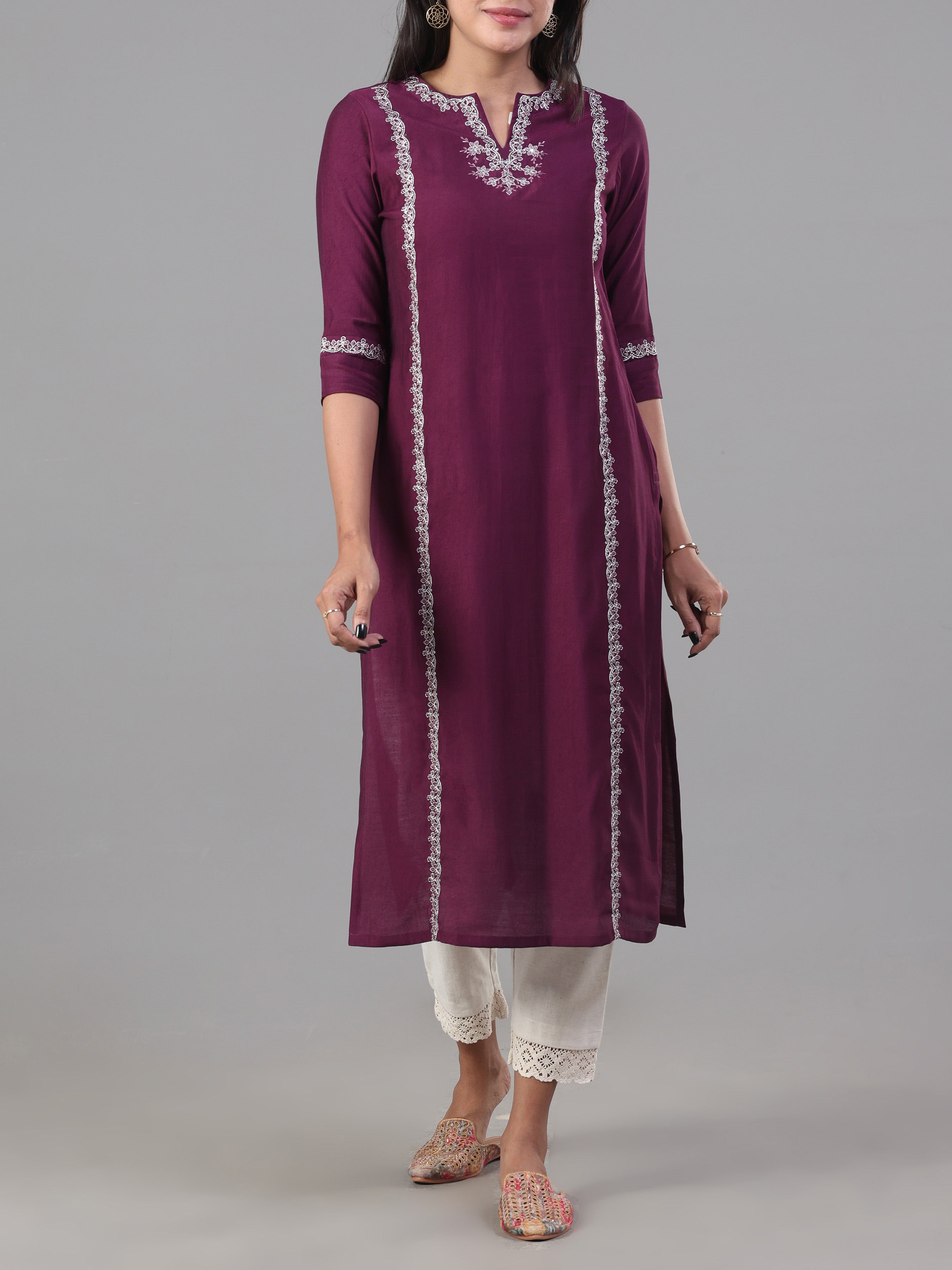 Purple Denting Viscose Kurti With Embroidery