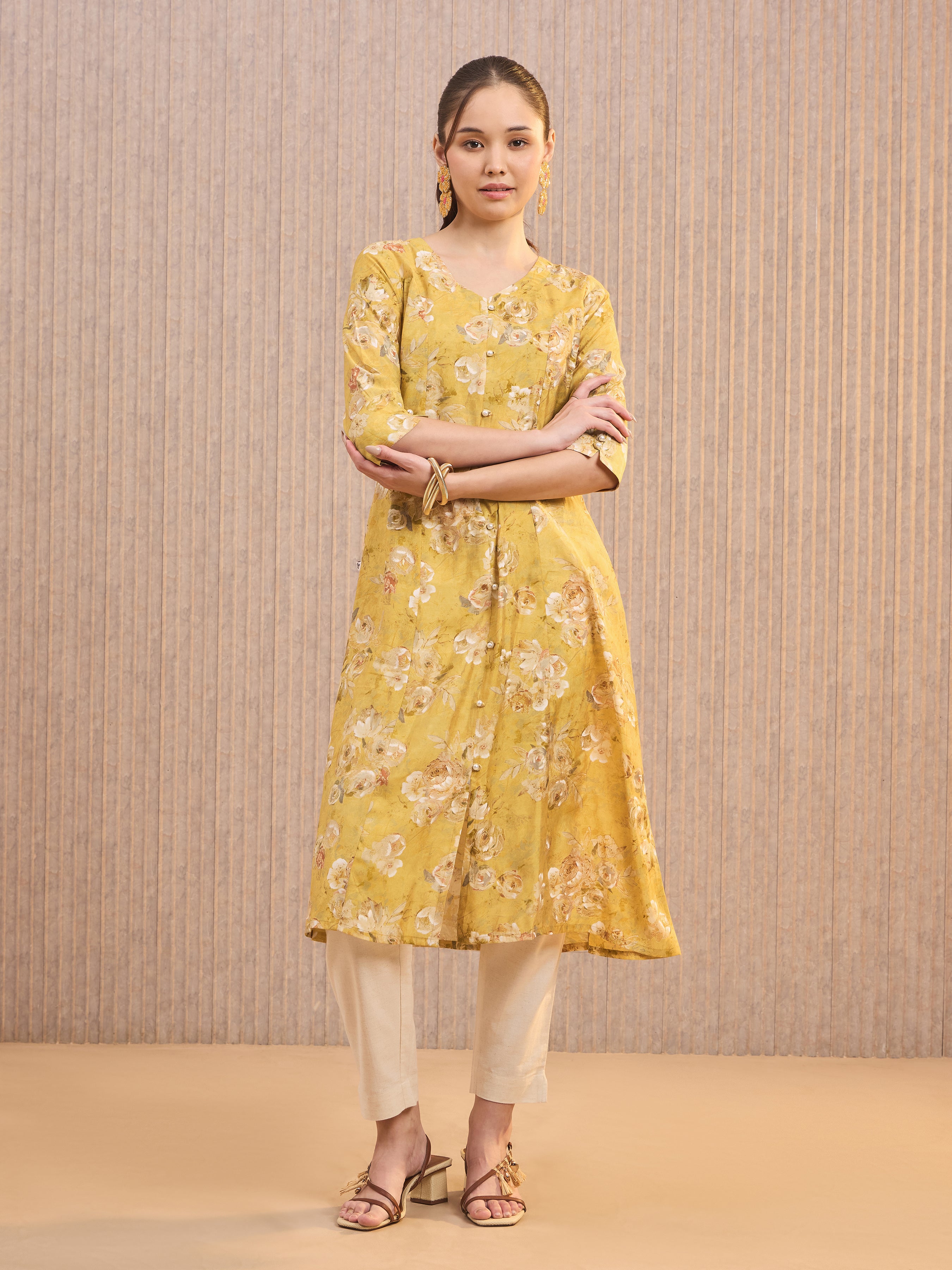 Mustard Modal Chanderi Printed Kurti With Princess Cut