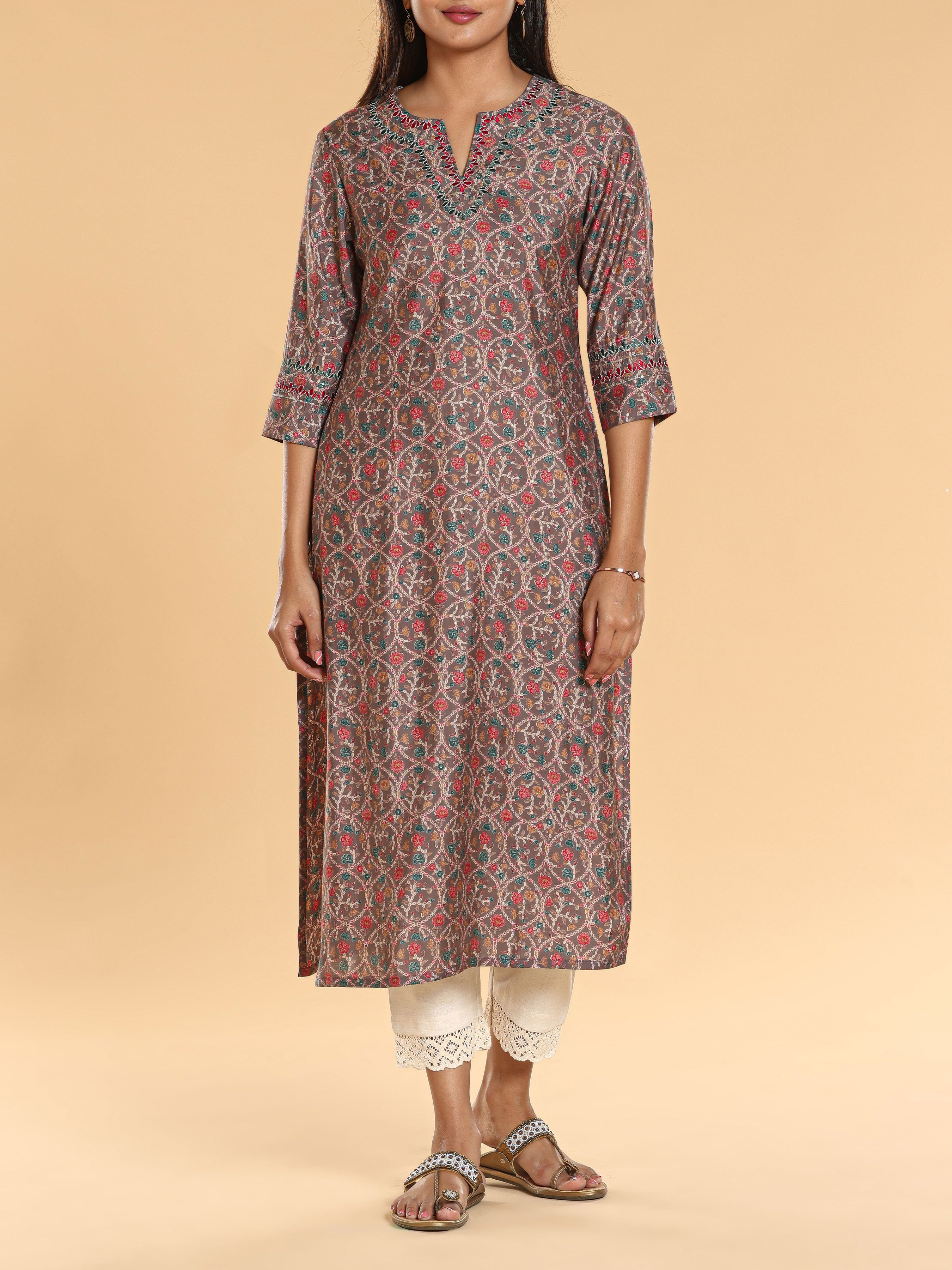 Multi-Color Modal Chanderi Printed Kurti With Embroidery