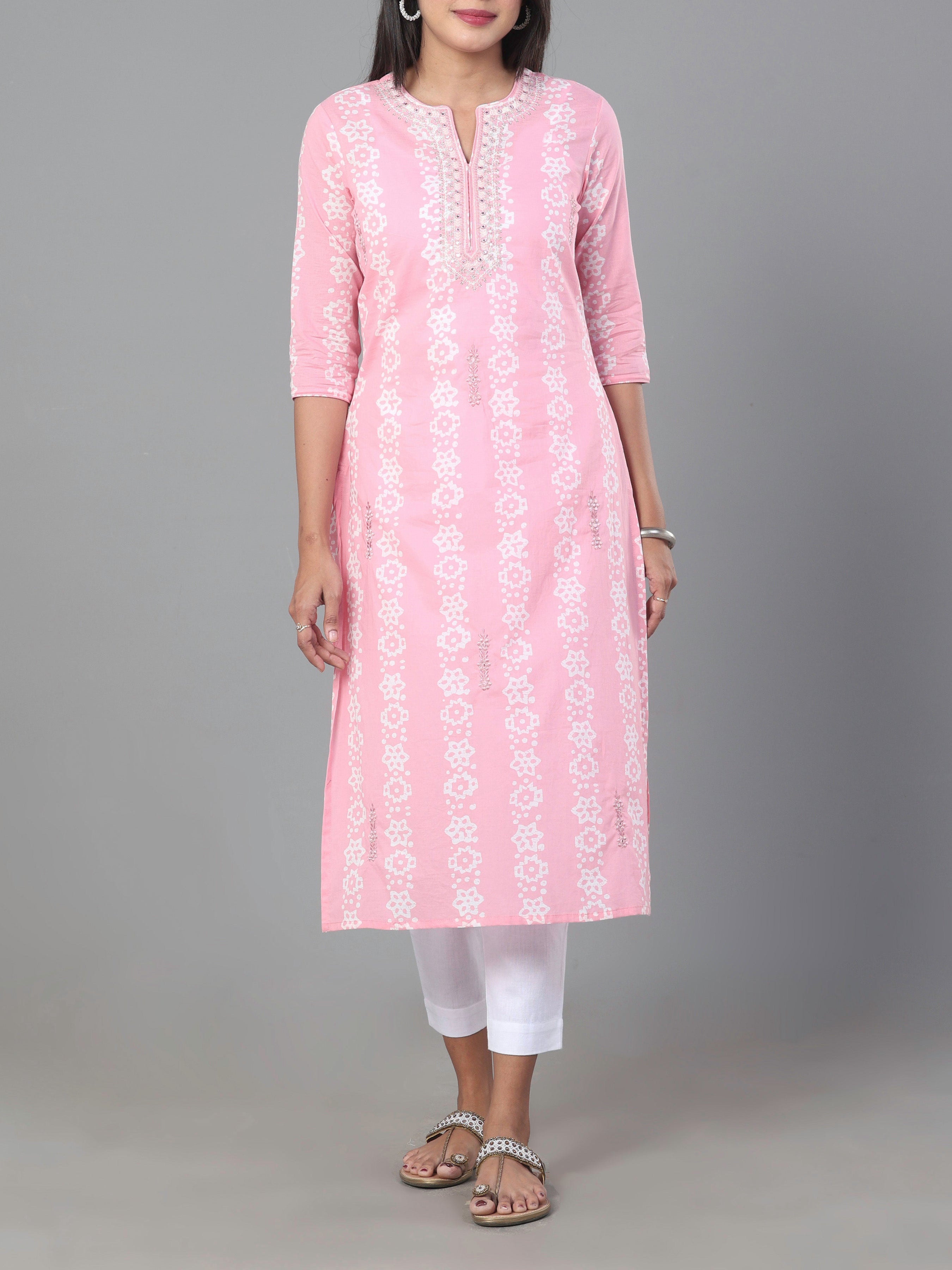 Pink Pure Cotton Printed Kurti With Embroidery