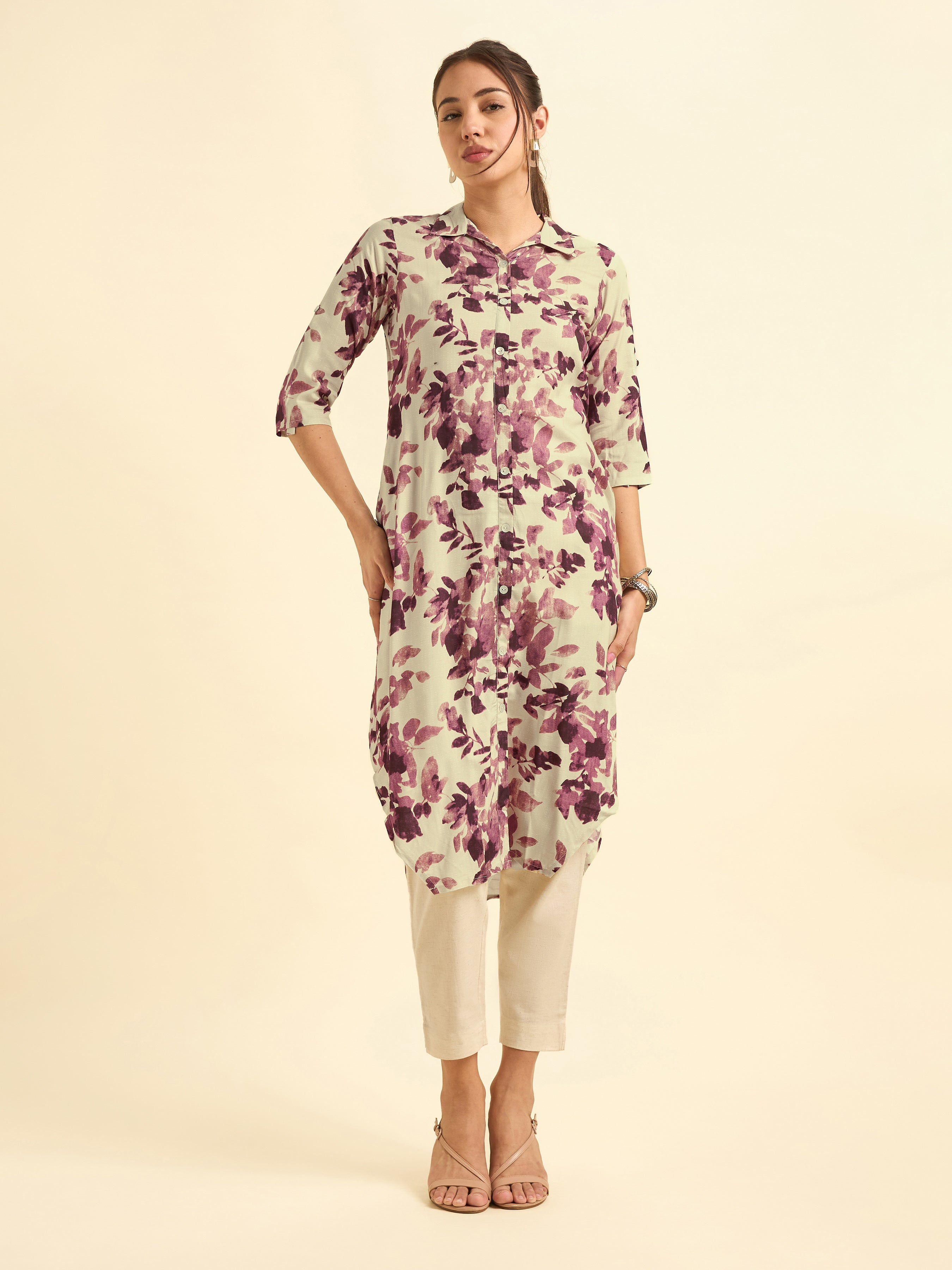 Ivory Wine Red Viscosew Printed Kurti With Shaped Hemline