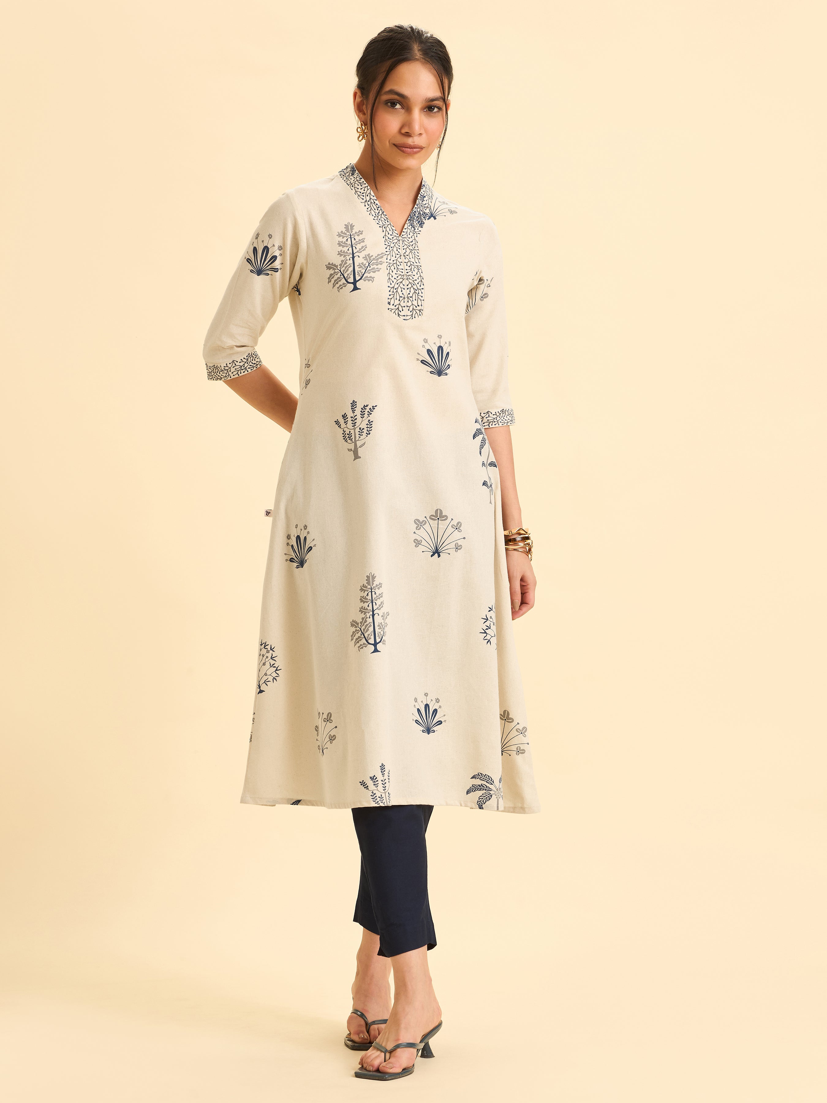 Ivory Cotton Flax Printed Flared Kurti With Embroidery