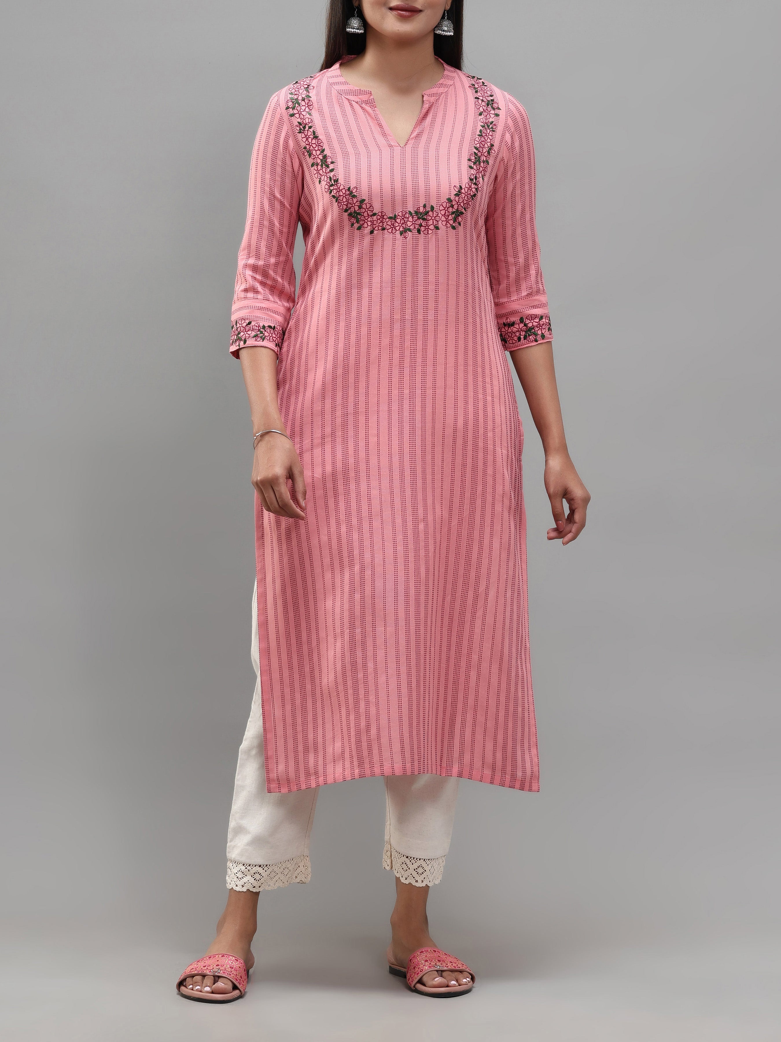 Pink Cotton Dobby Kurti With Embroidery