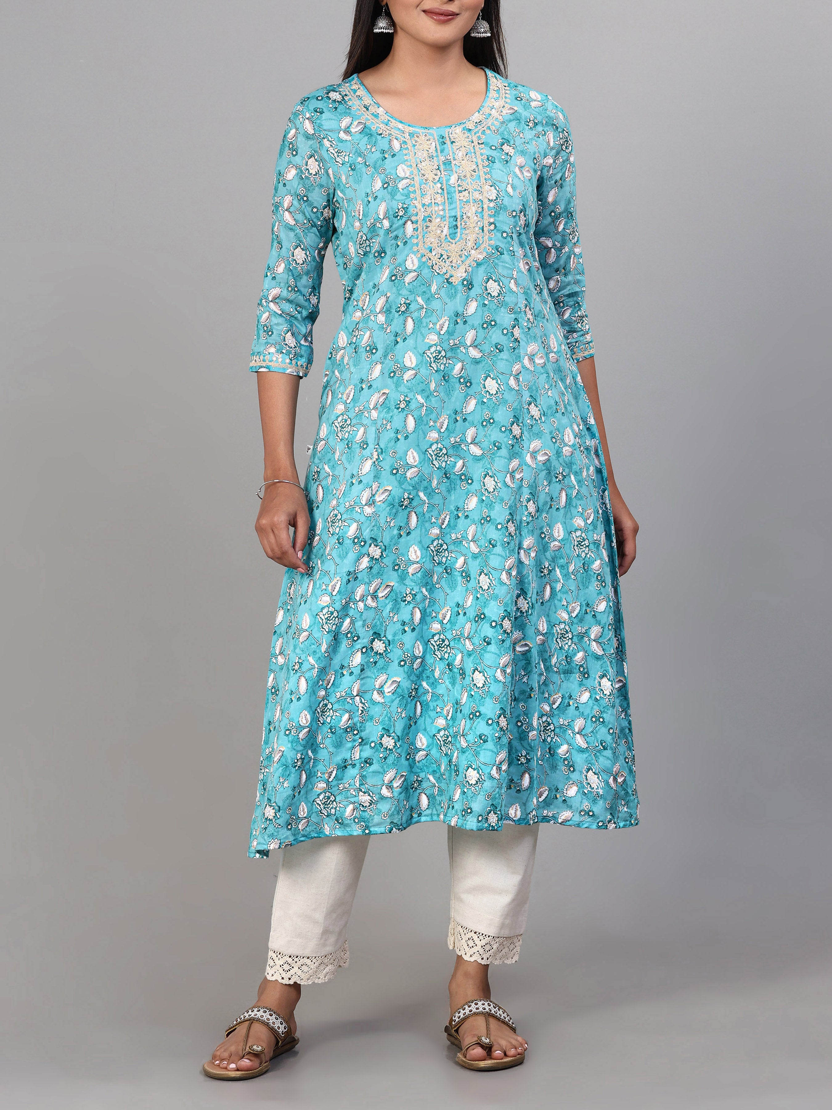 Aqua Blue Pure Cotton Printed Kurti With Embroidery