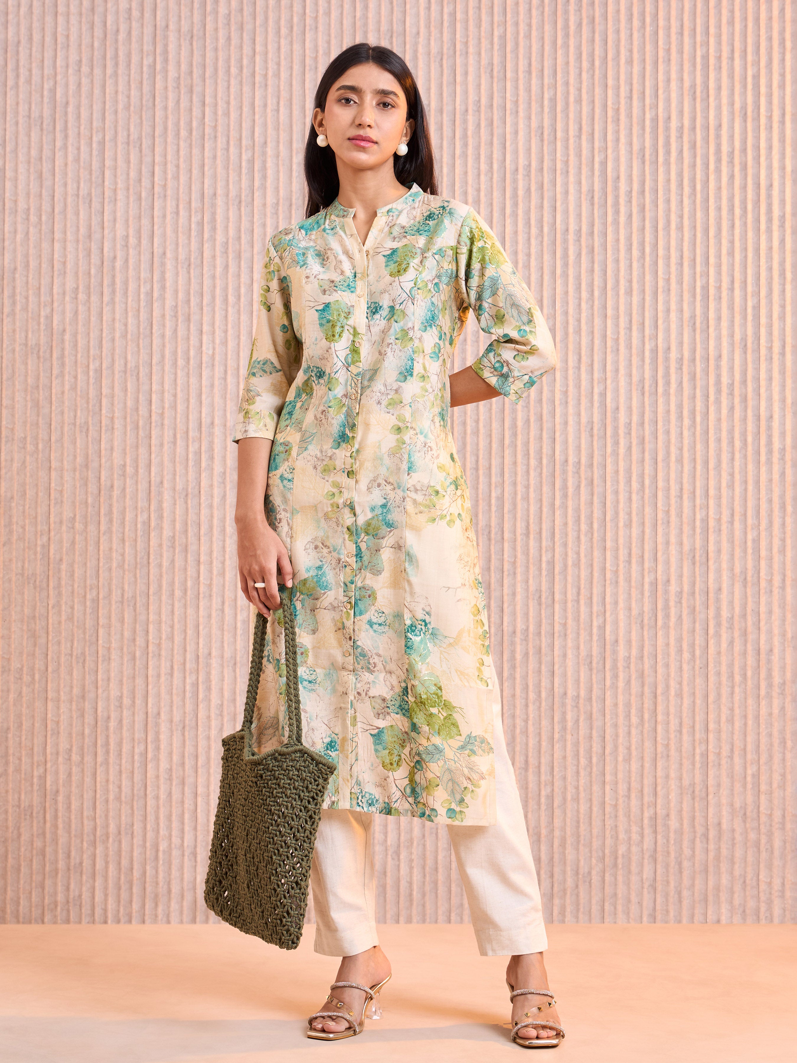 Aqua Green Modal Chanderi Foil Printed Kurti With Princess Cut