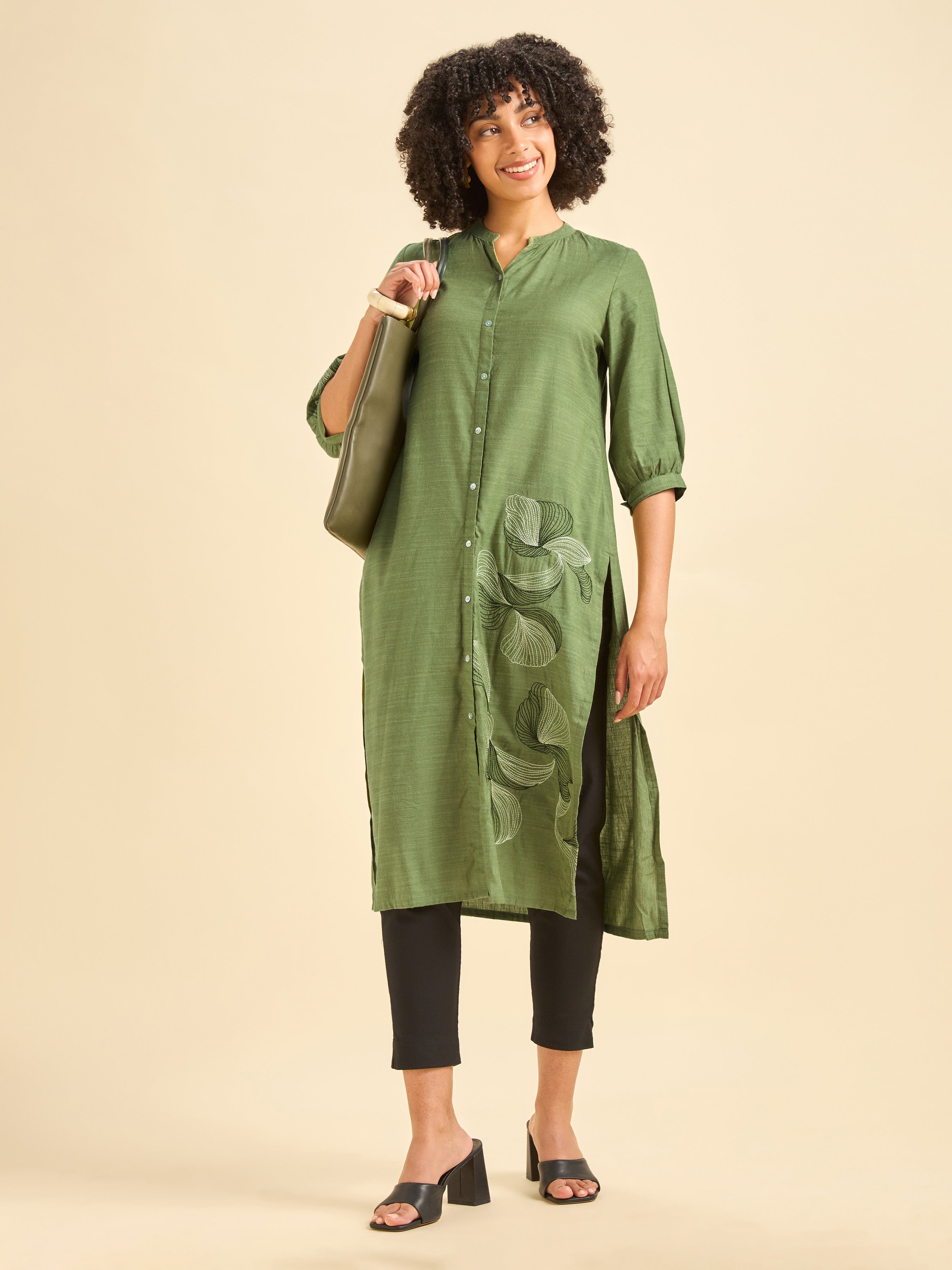 Mint Green Cotton Viscose Kurti With Embroidery