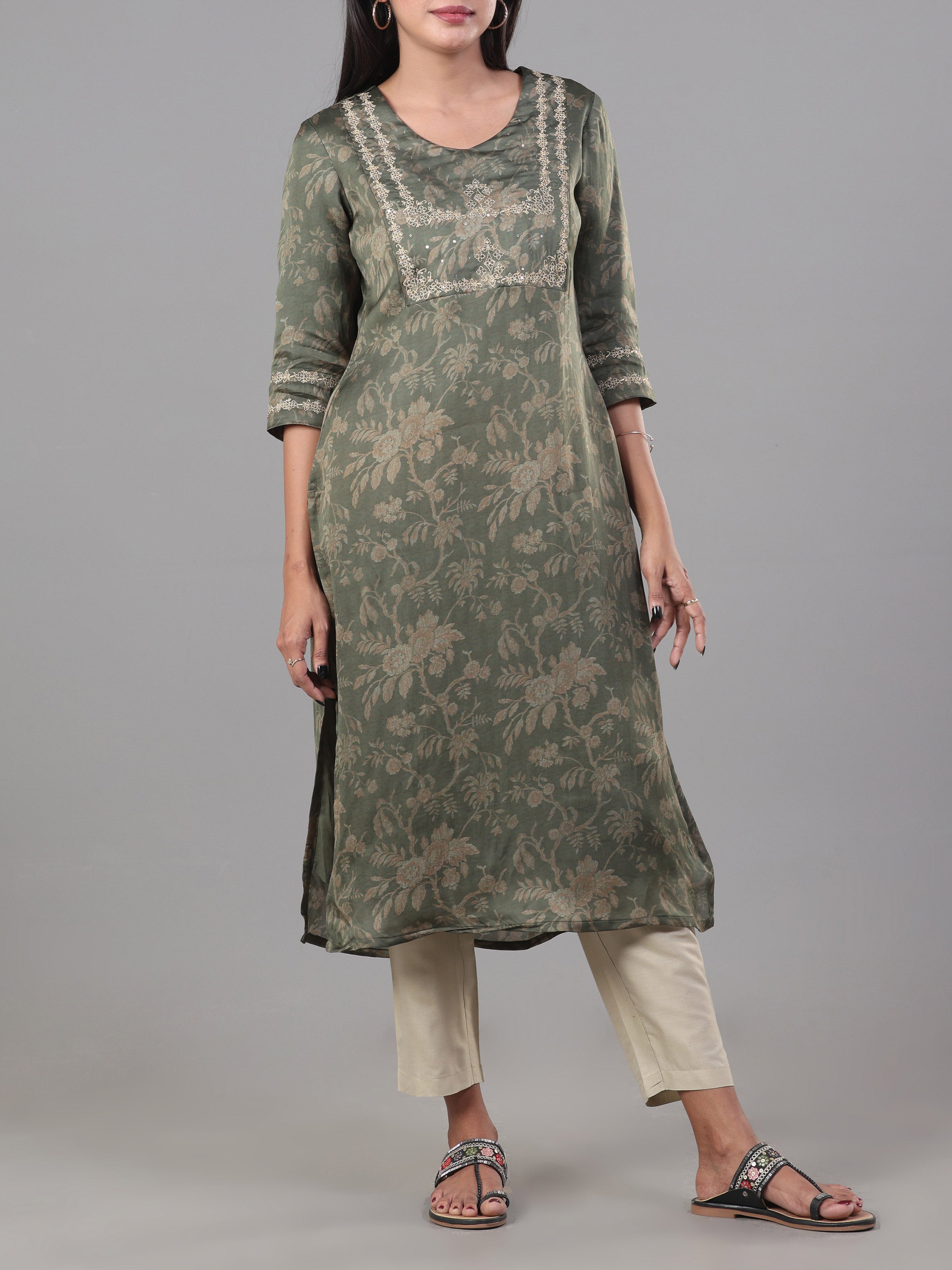 Olive Green Organza Satin Kurti With Embroidery And Matching Bottom