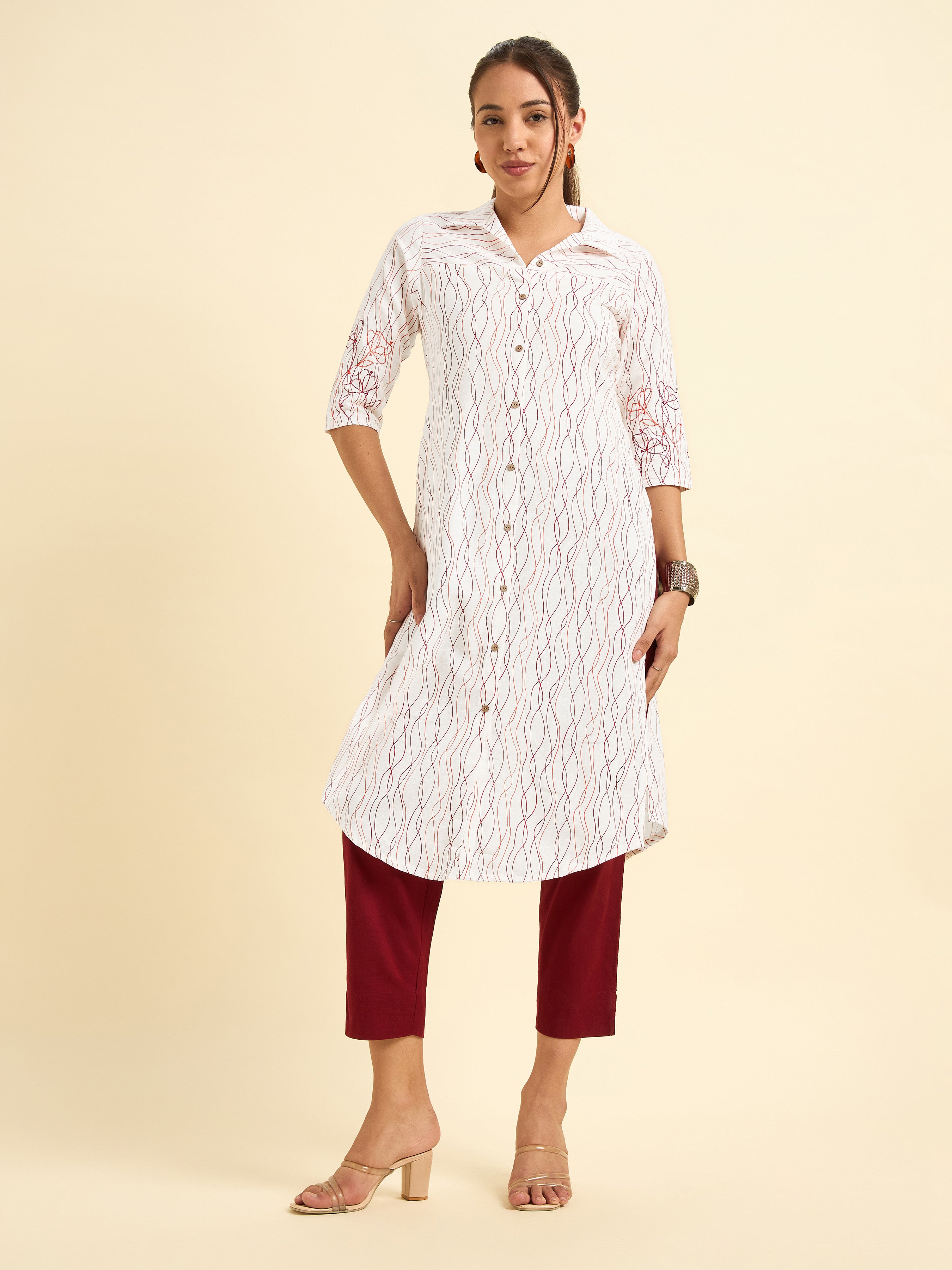 White Cotton Flax Slub Printed Slit Kurti With Embroidery