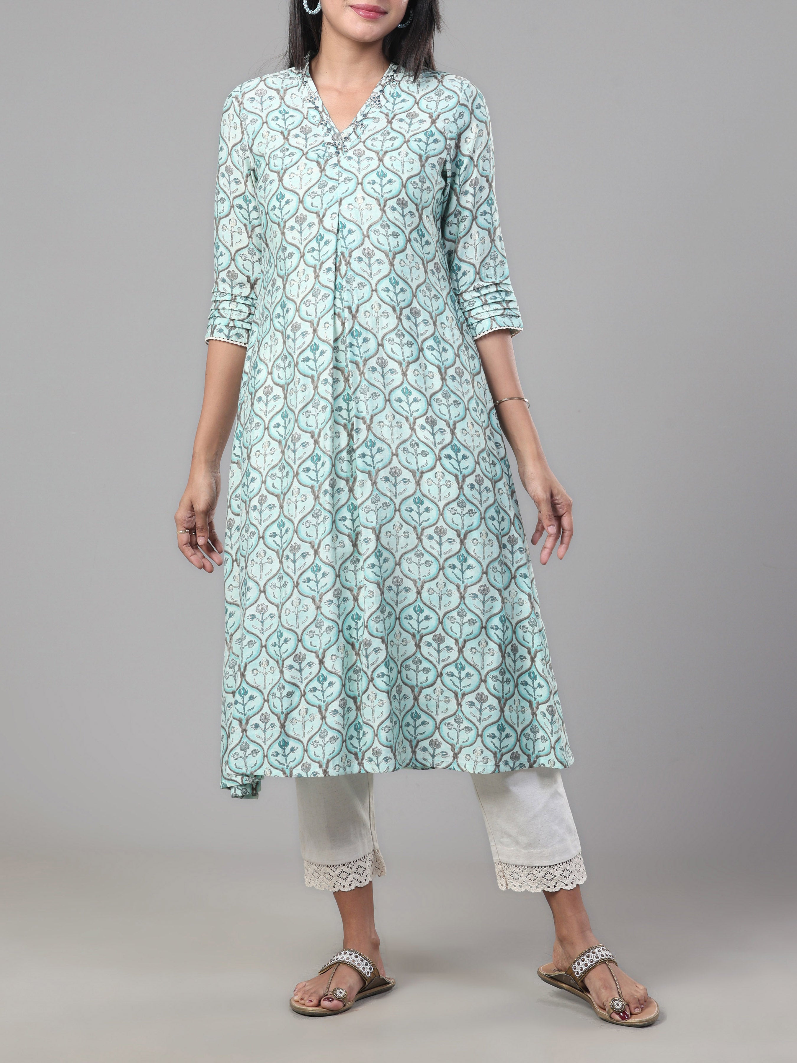 Light Blue Modal Chanderi Kurti With Embroidery
