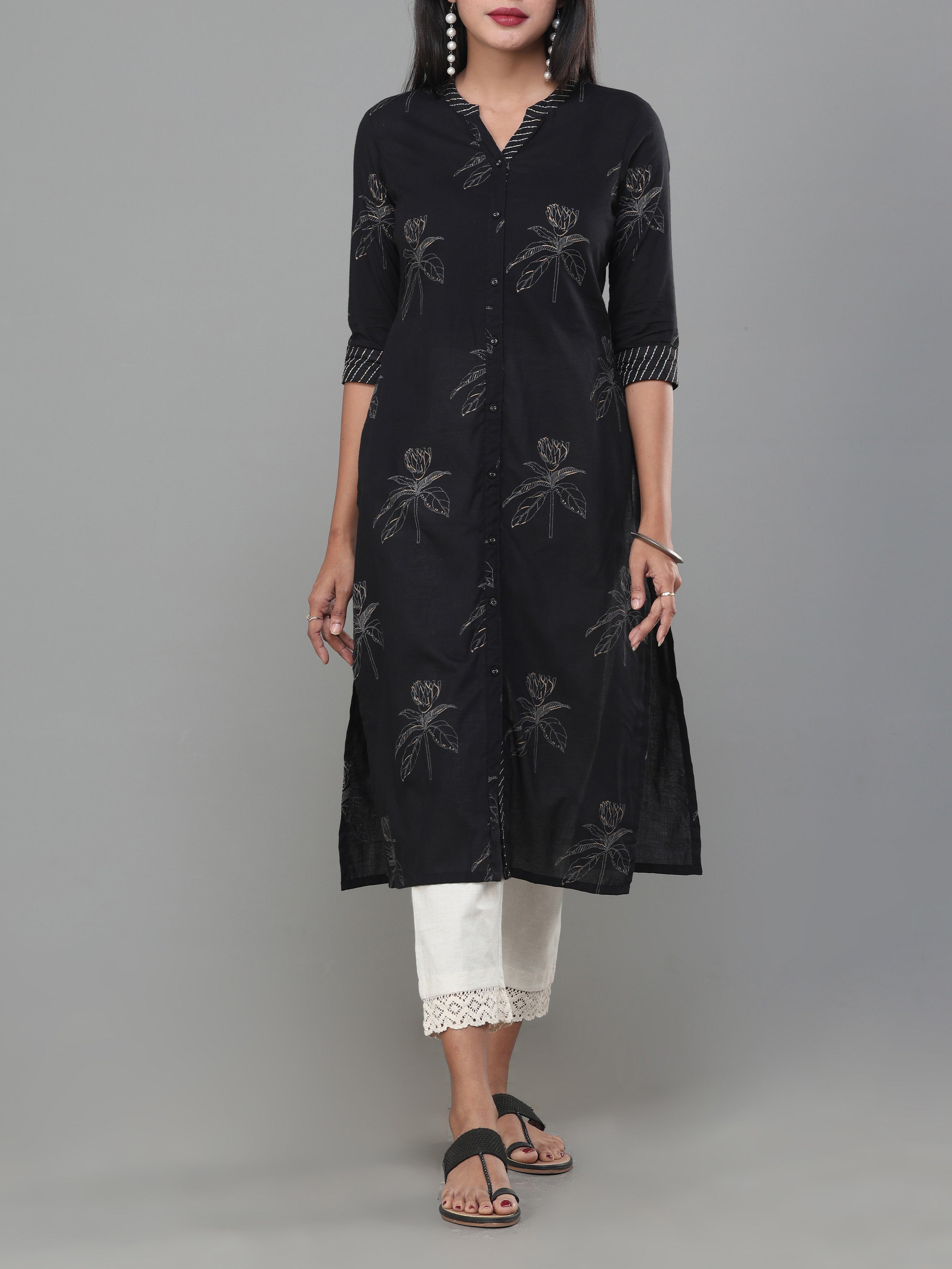 Black Pure Cotton Printed Kurti