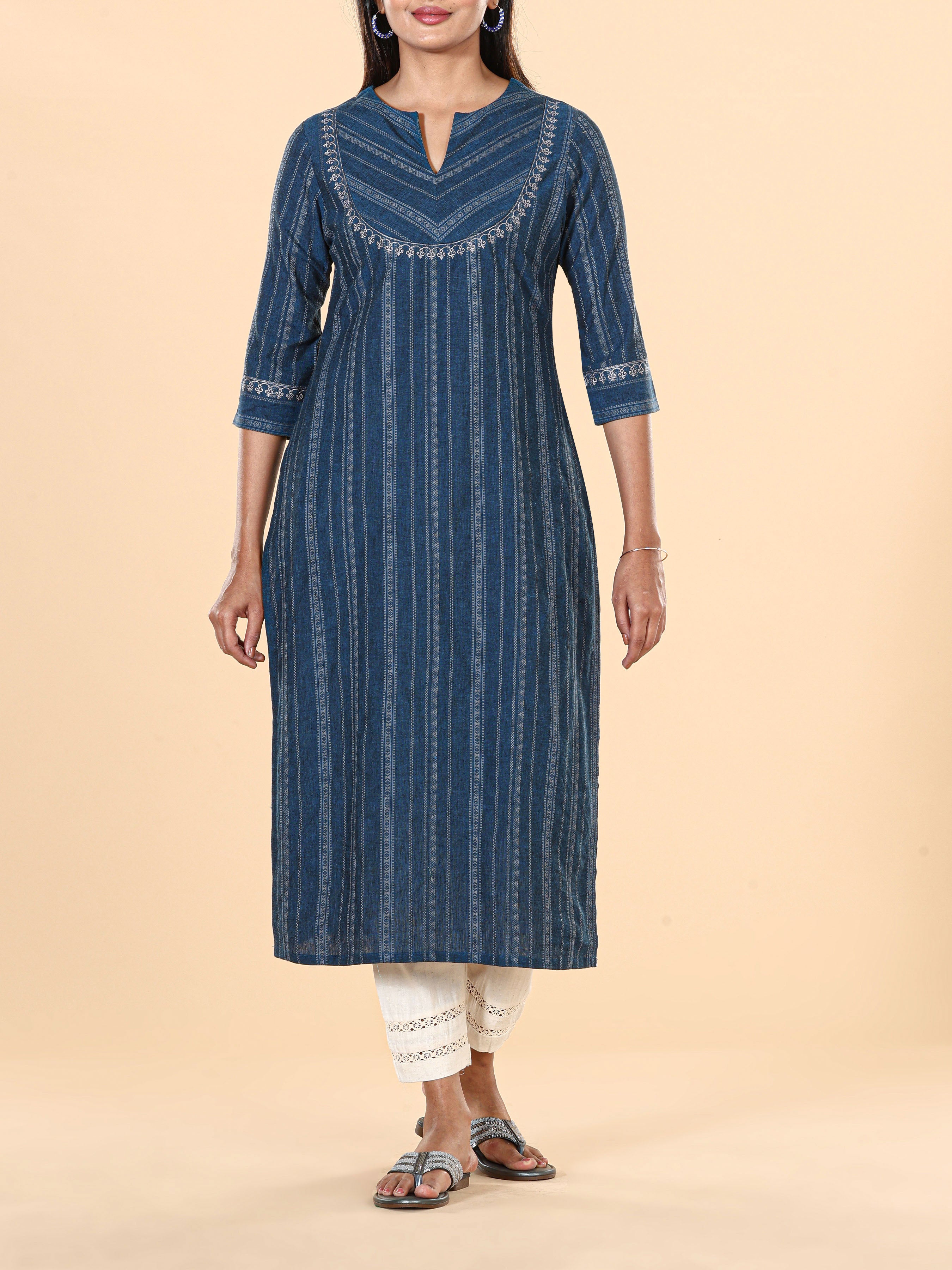 Denim Blue Cotton Dobby Kurti With Embroidery