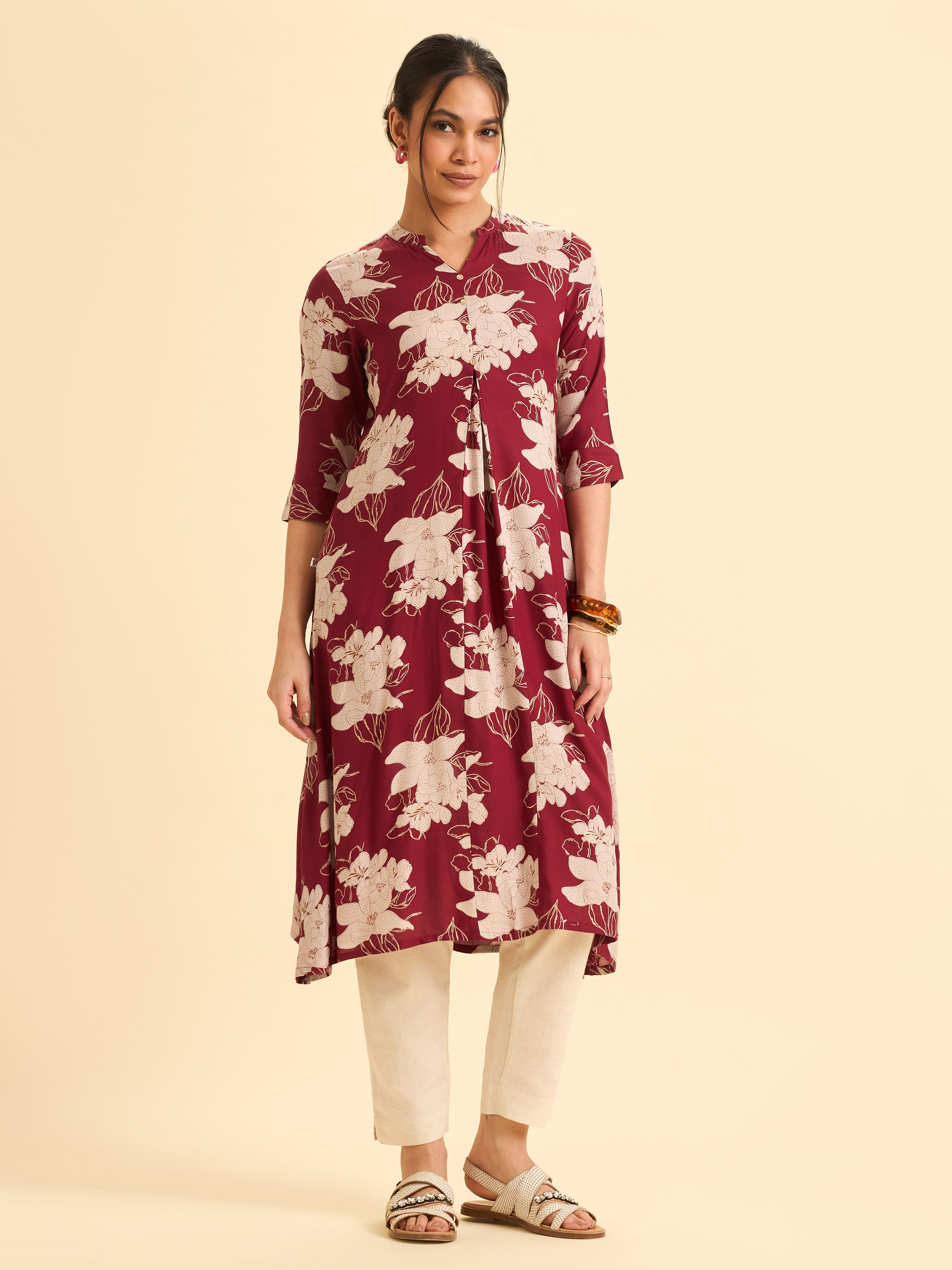 Red And Ivory Viscose Printed Flared Angrakha Kurti