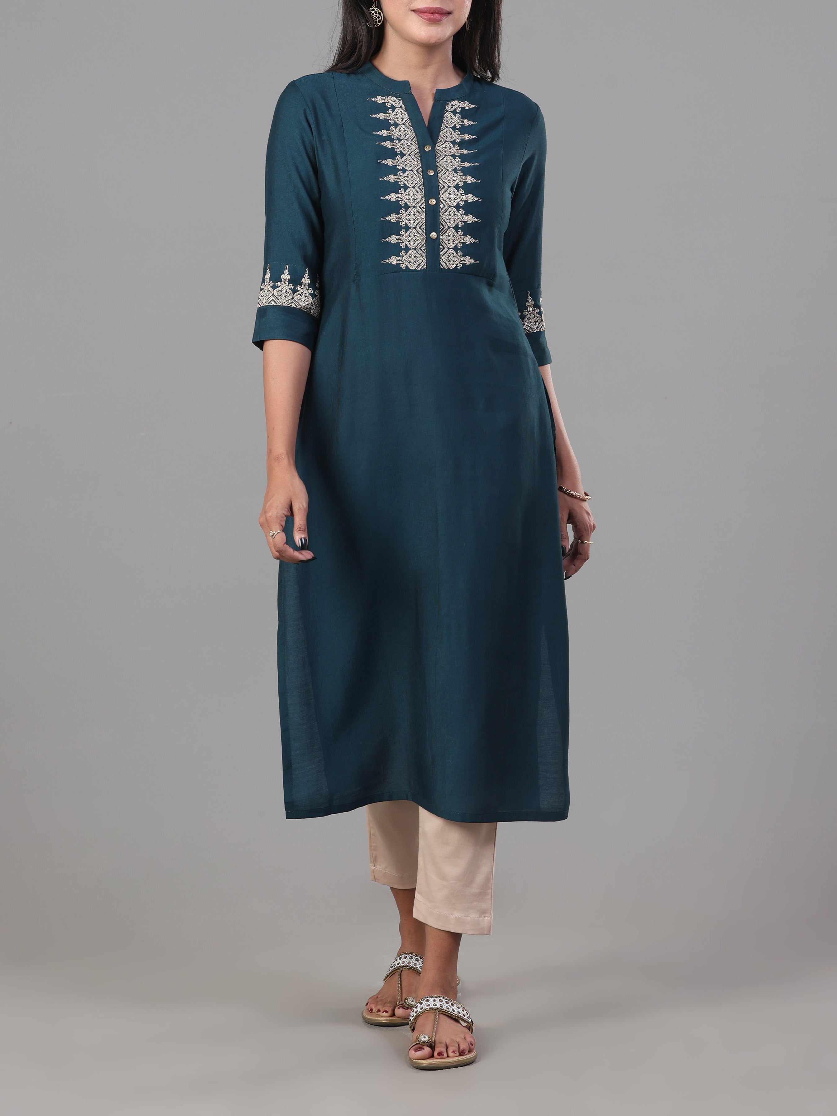 Teal Blue Denting Viscose Kurti With Embroidery And Sequins Work