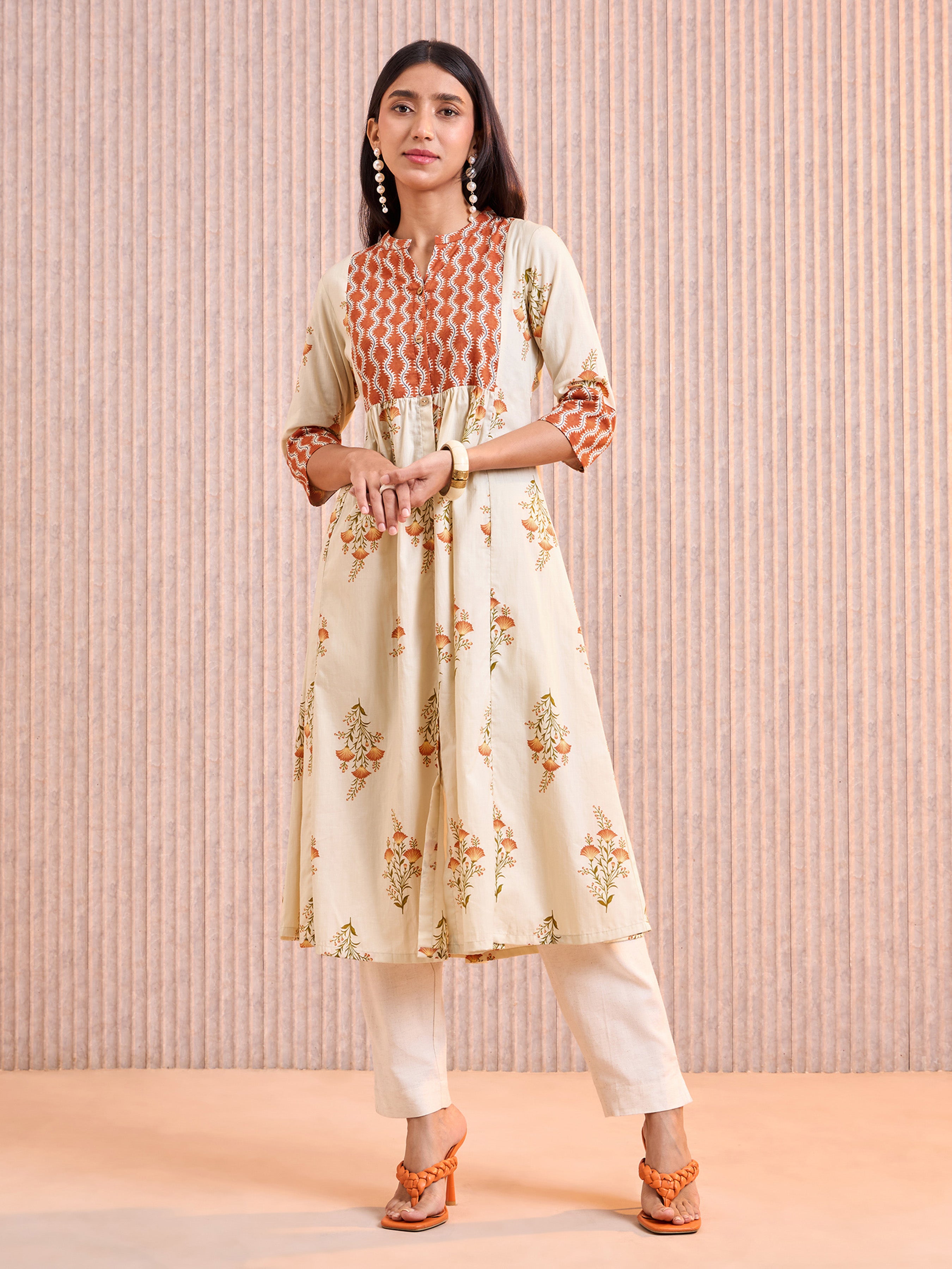 Beige Cotton Printed Kurti With Smocking Embroidery