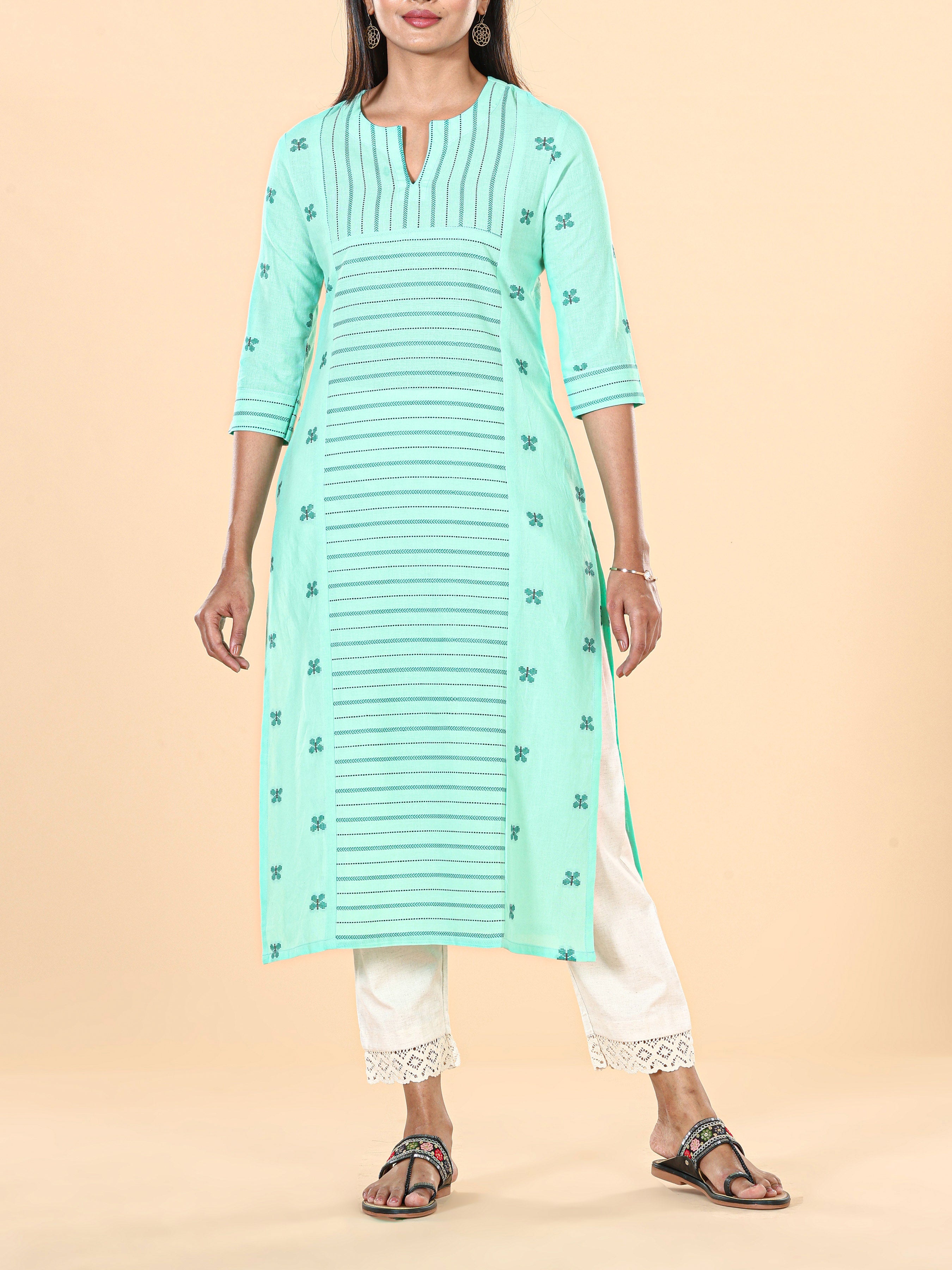 Pista Green Cotton Dobby Kurti With Print