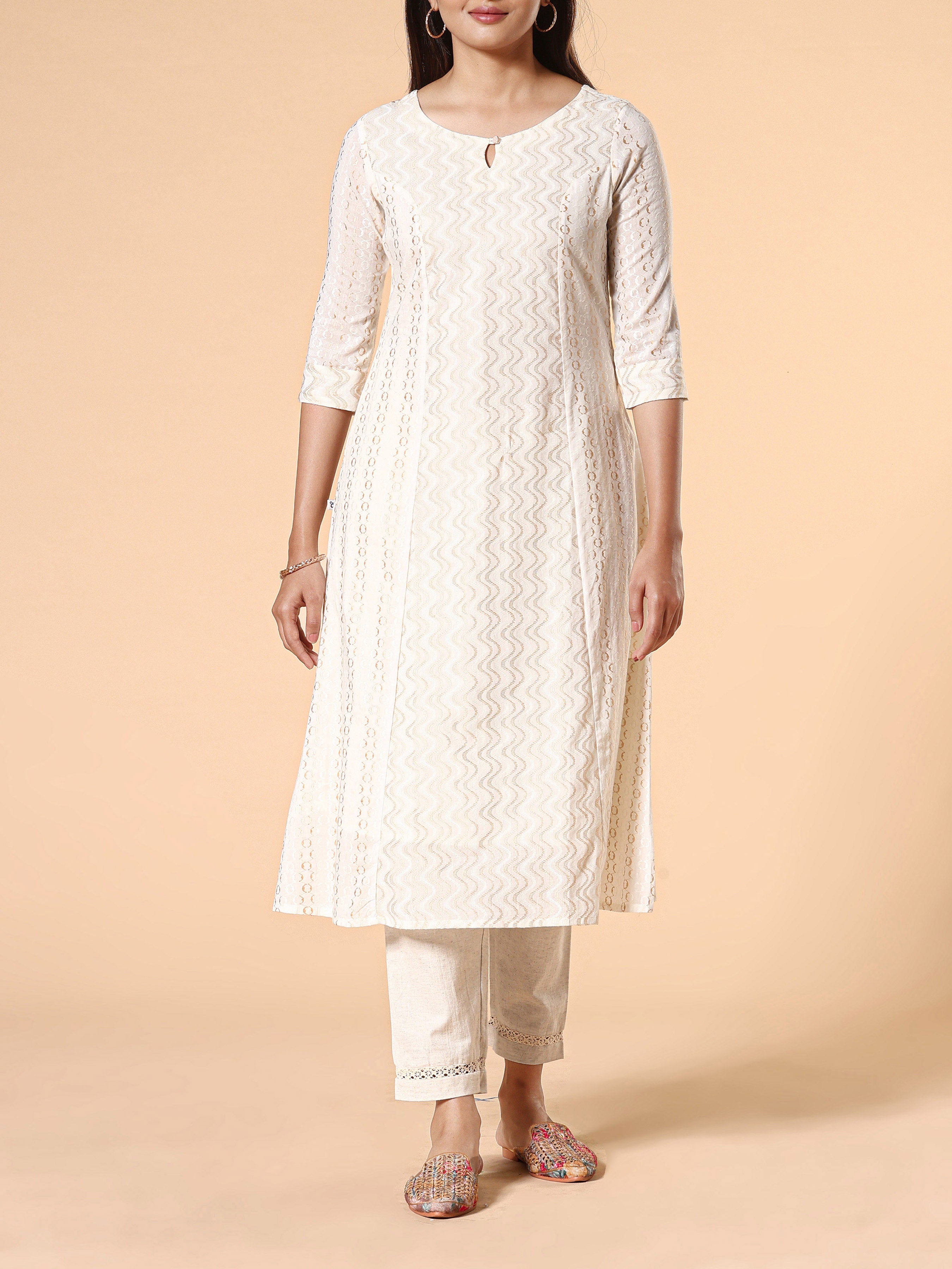 Ivory Cotton Jacquard Kurti With Center Cut