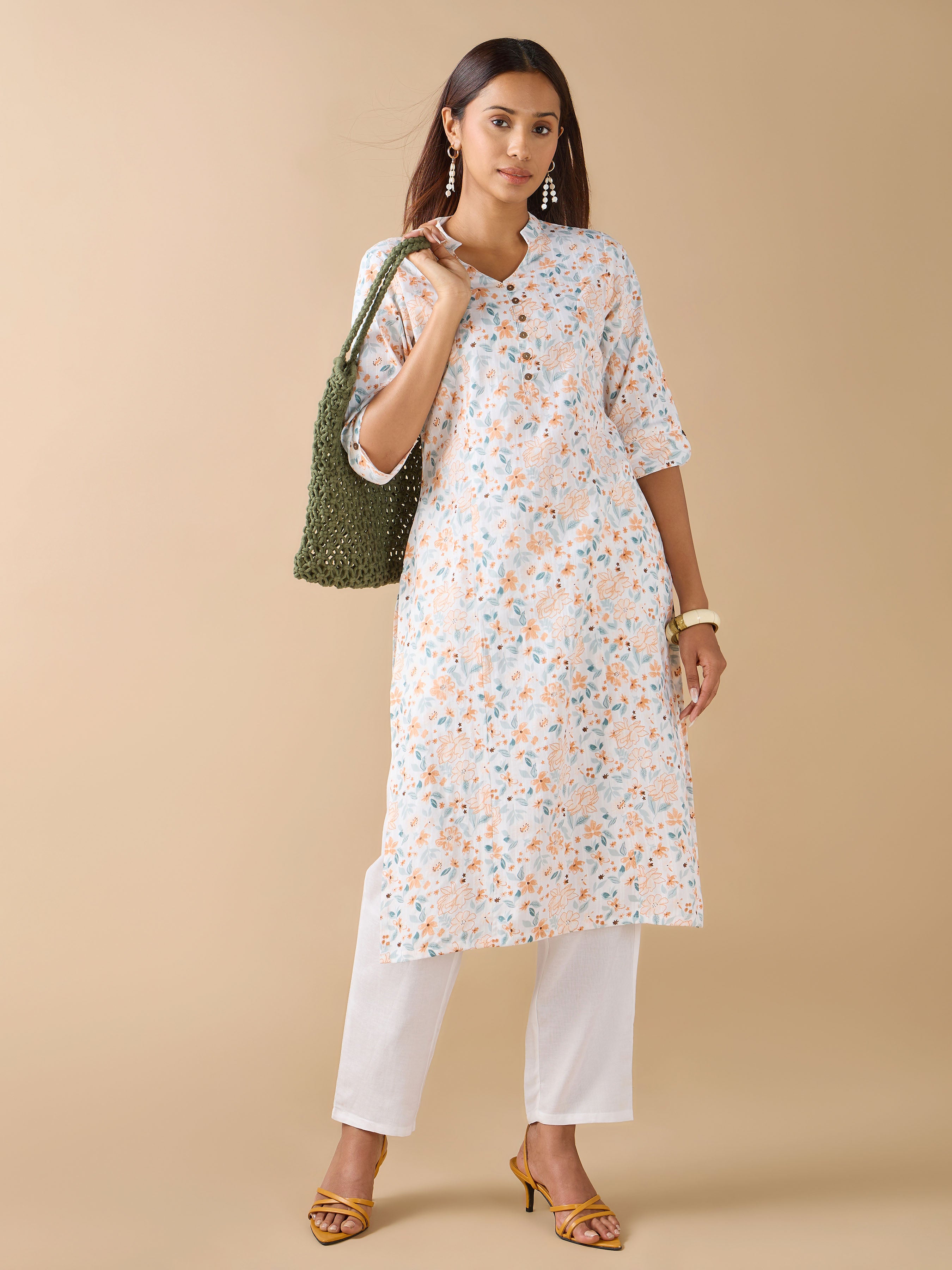 White Pure Cotton Dobby Printed Kurti With Princess Cut