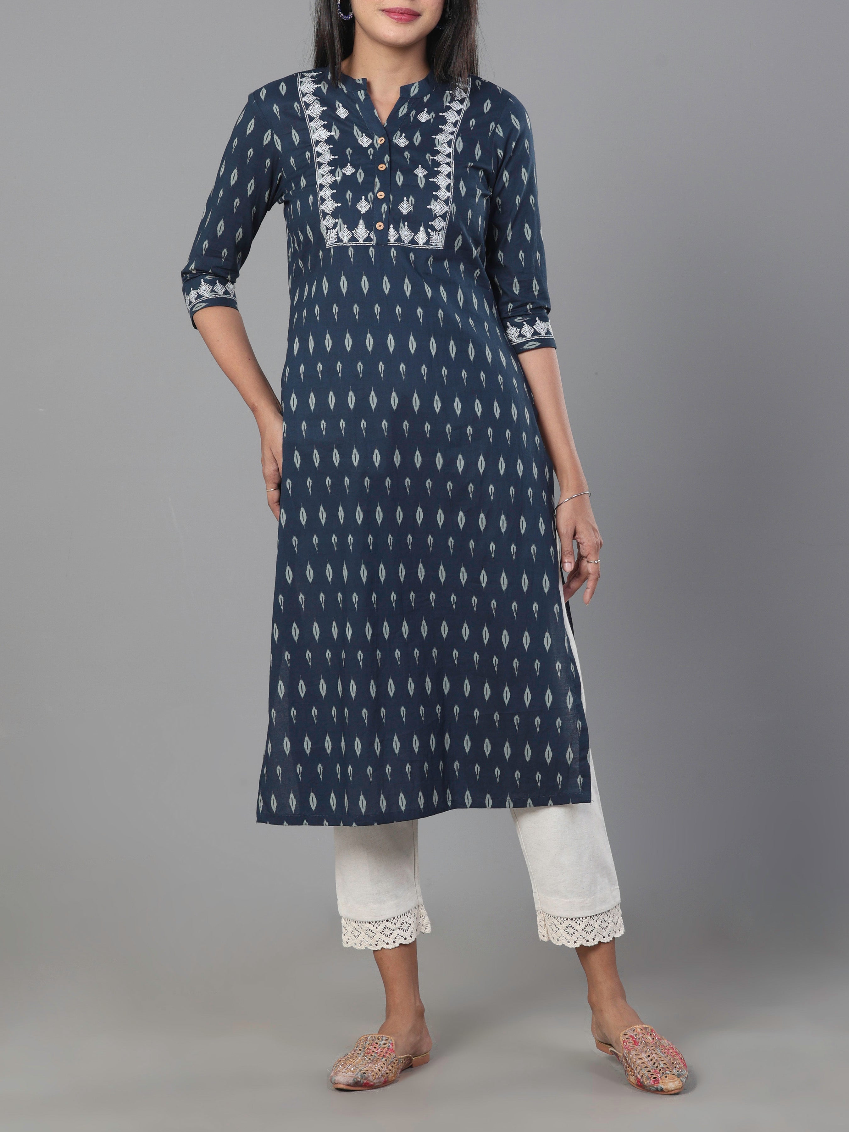 Navy Blue Pure Cotton Printed Kurti With Embroidery