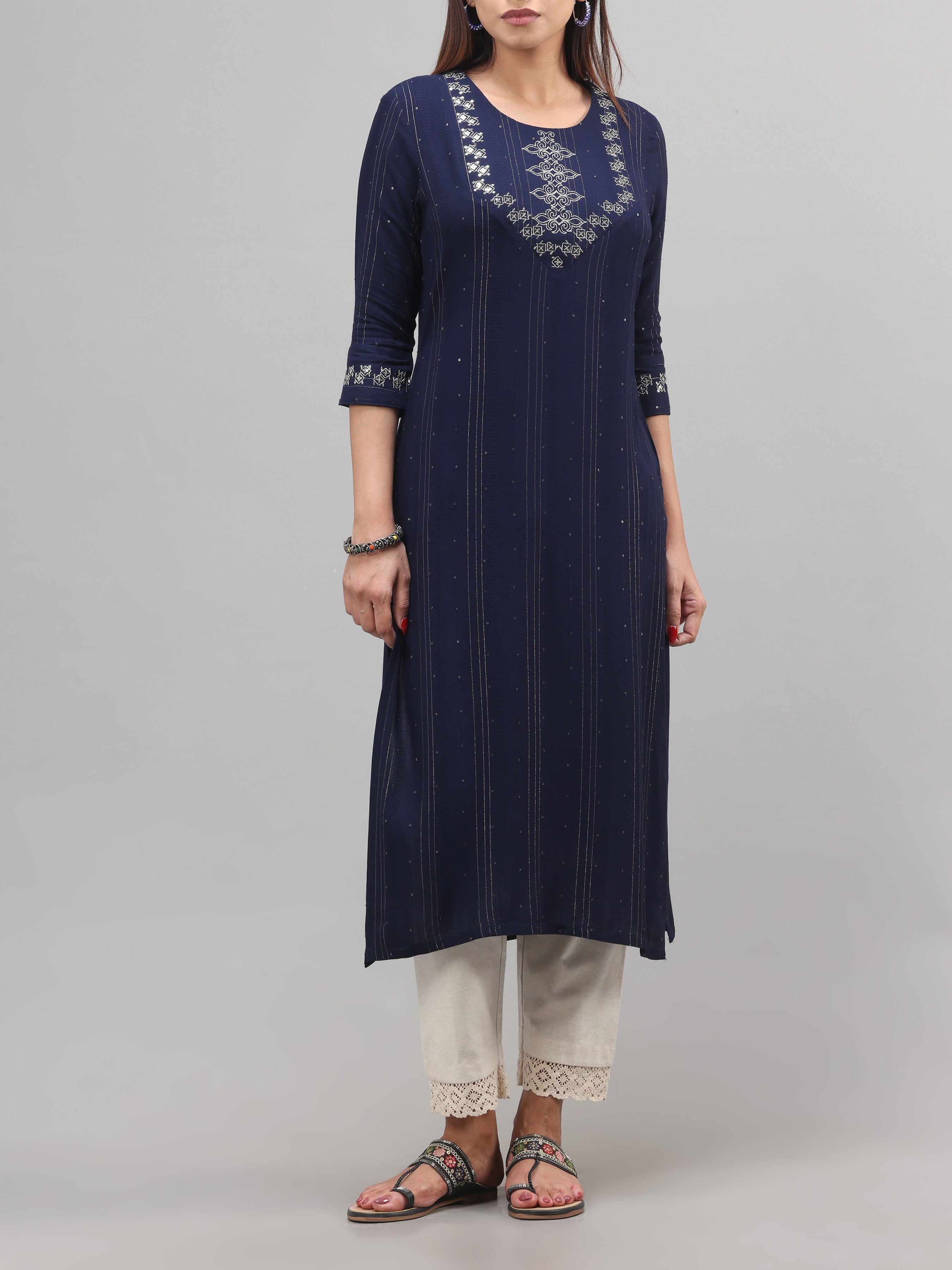 Navy Blue Viscose Kurti With Embroidery And Sequins Work